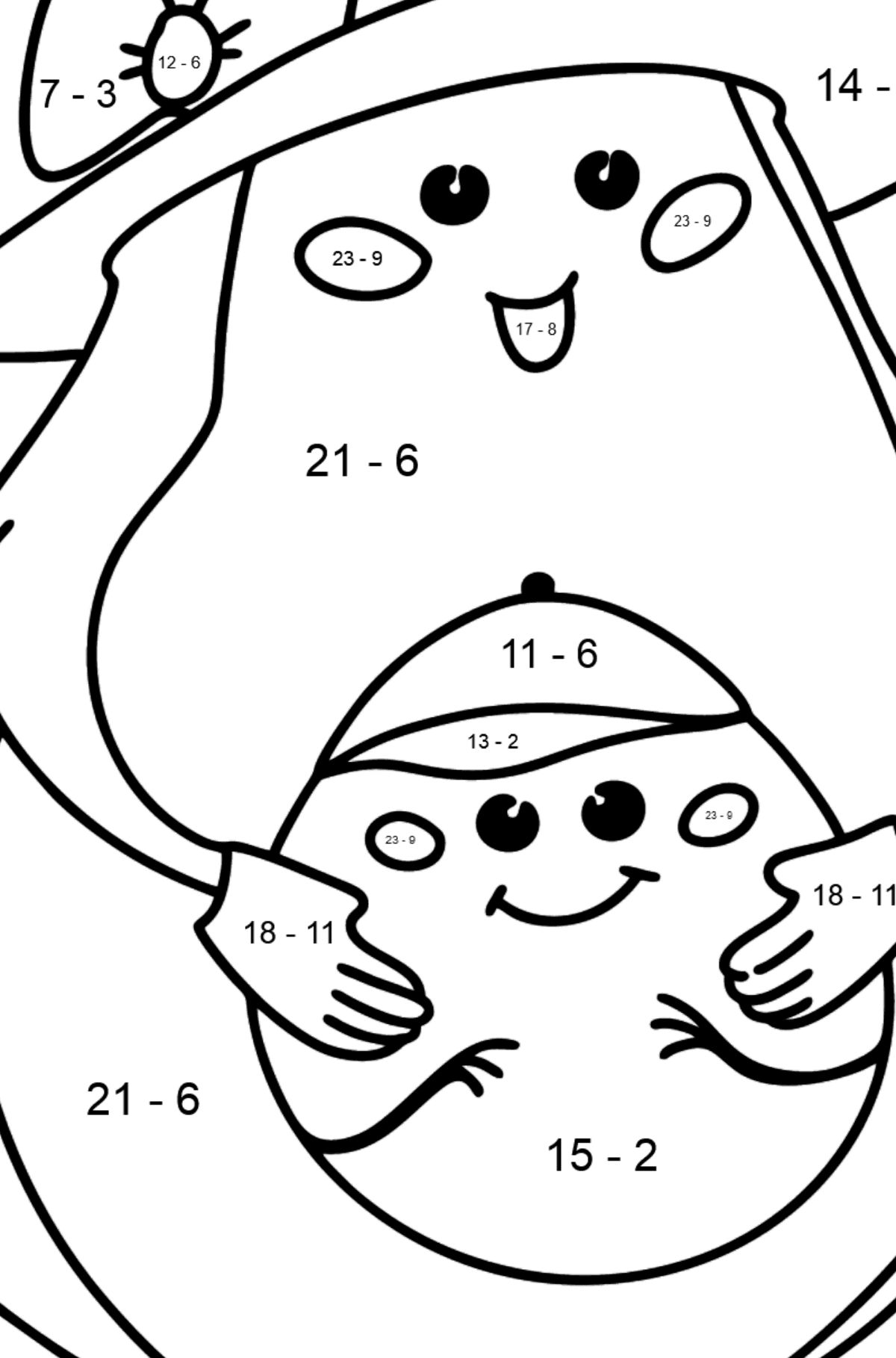 Ausmalbild Avocado-Mama mit Baby - Mathe Ausmalbilder - Subtraktion für Kinder