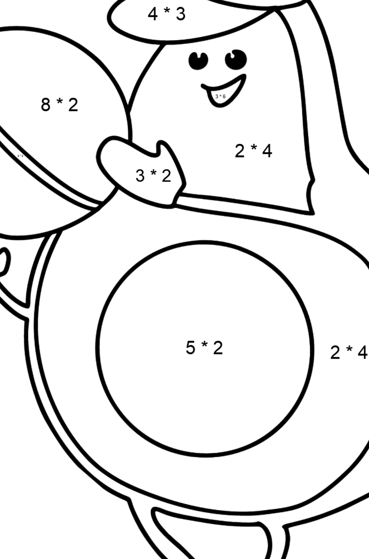 Розмальовка Авокадо грає у футбол - Математична Розмальовка Множення для дітей