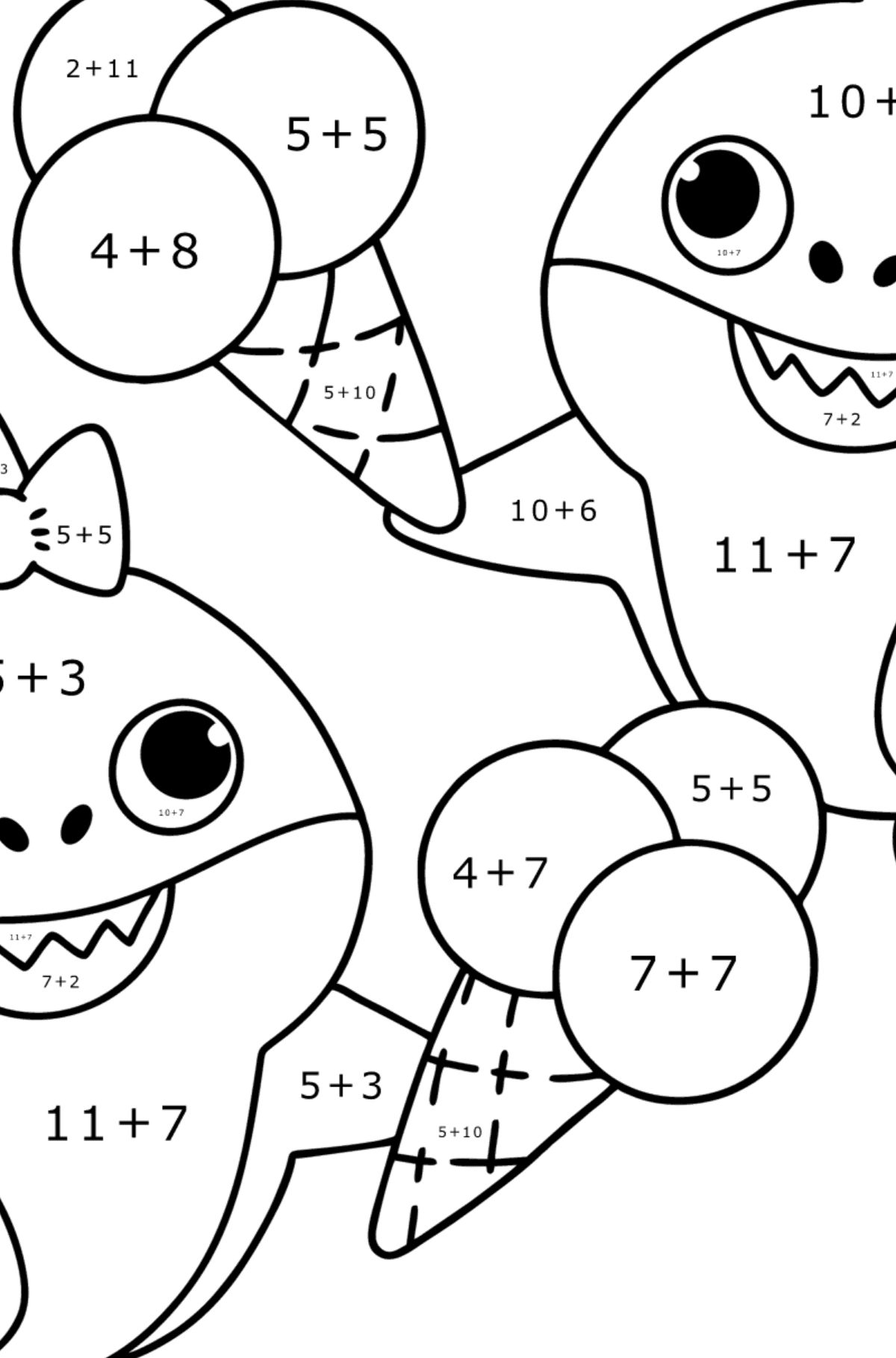 Fivér és nővér Baby Shark kifestő - Matematikai színezés - összeadás gyerekeknek
