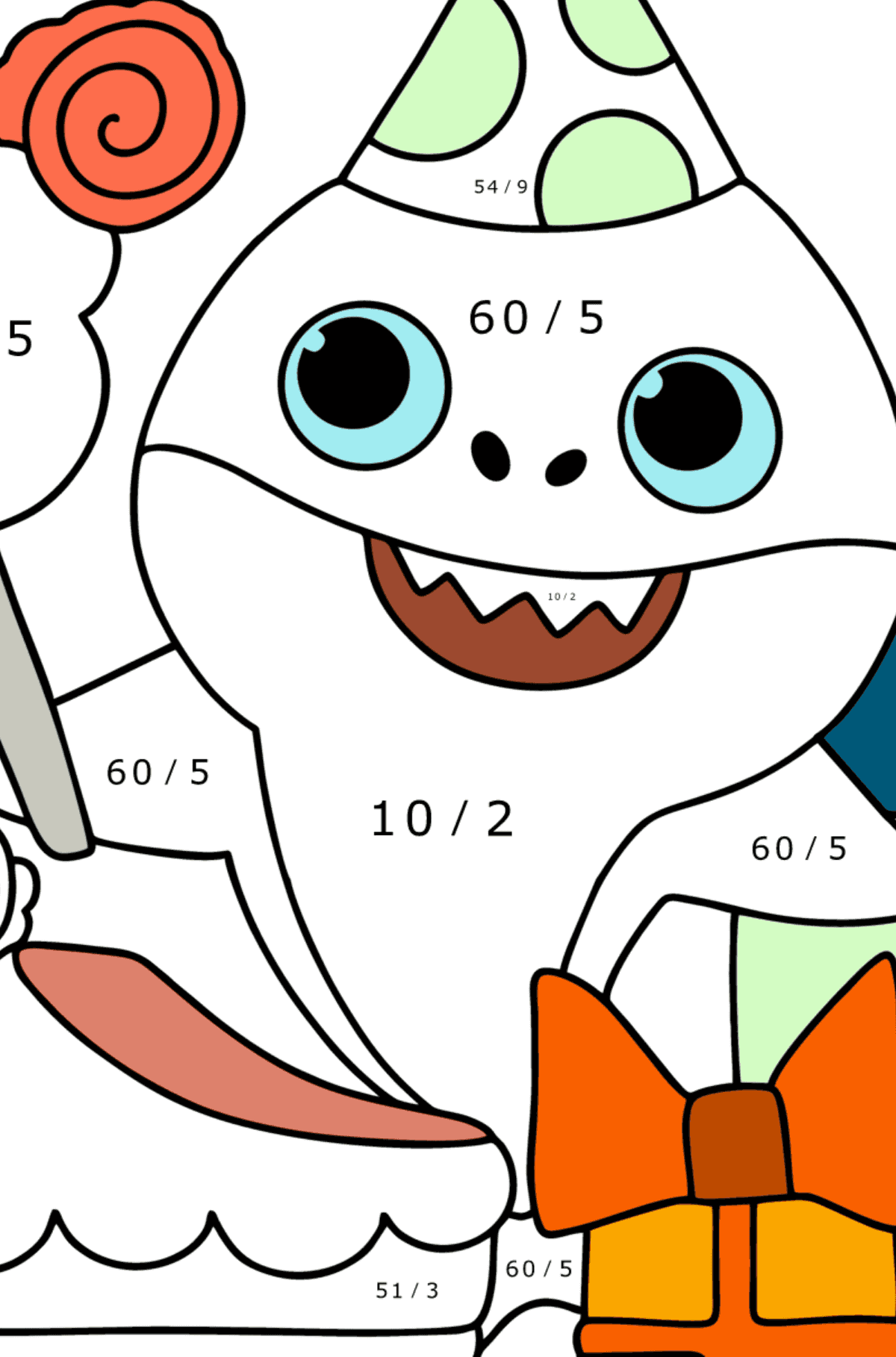Tårta till Baby Shark målarbild - Matematik Färgläggning - Division för barn