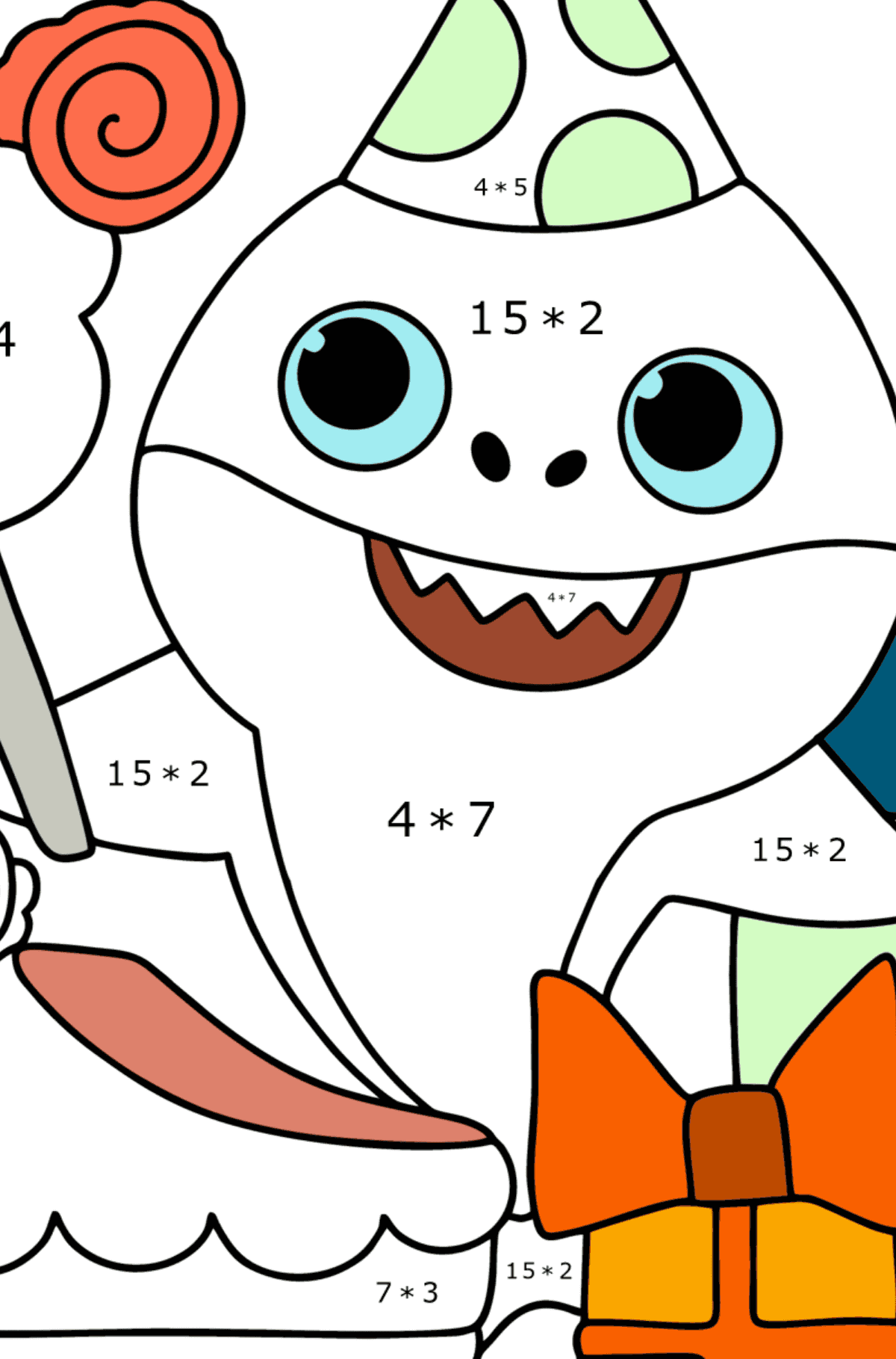 Tårta till Baby Shark målarbild - Matematik Färgläggning - Multiplikation för barn