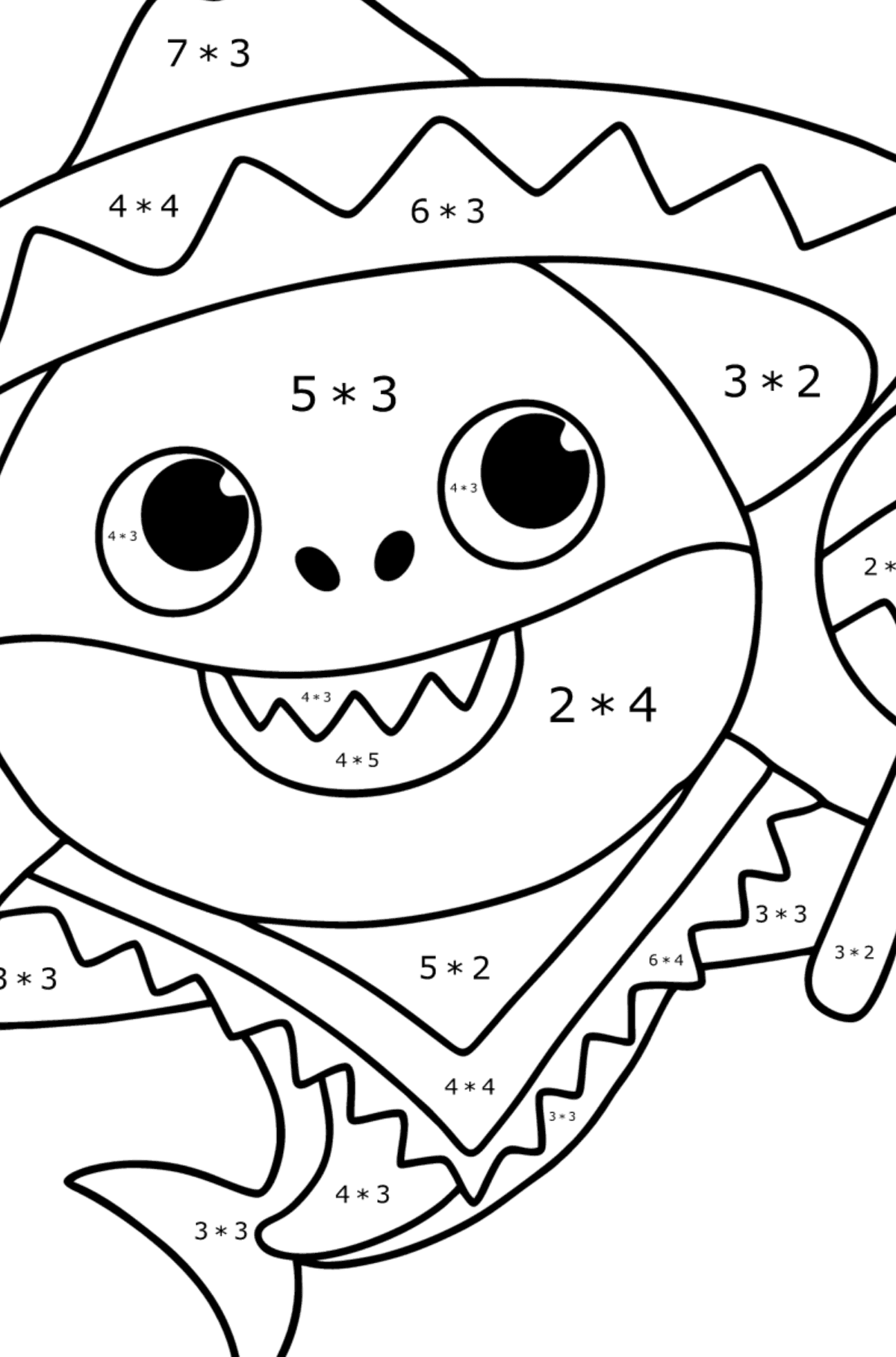 Söpö Baby Shark värityskuva - Matemaattinen Värityskirja - Kertolasku lapsille
