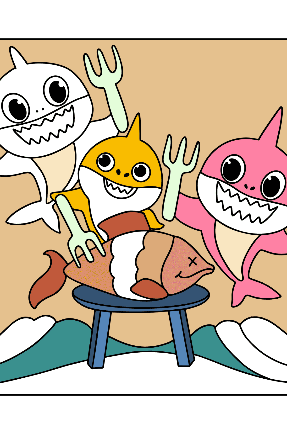 Familie Baby Shark desen de colorat - Desene de colorat pentru copii