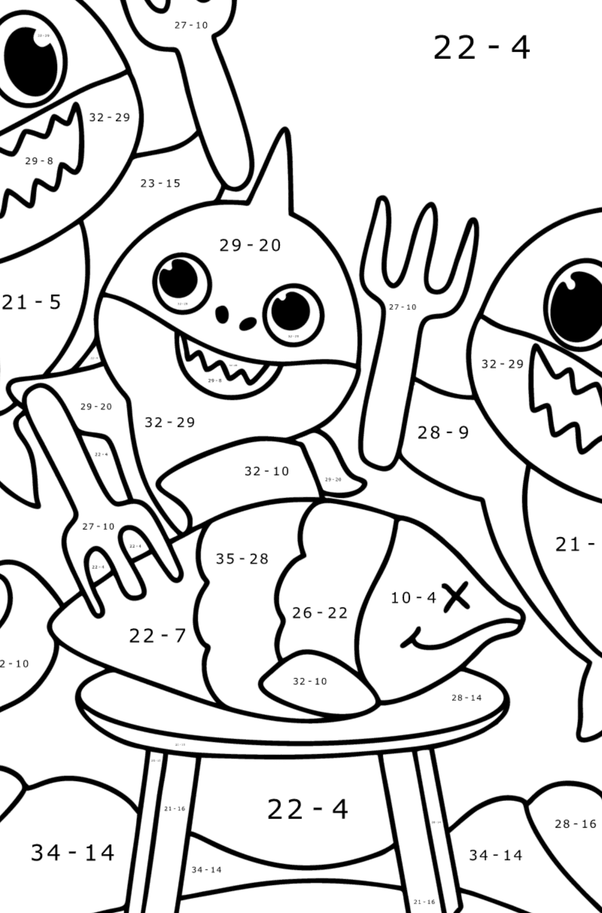 Aile Baby Shark boyama sayfası - Matematik Boyama - Çıkarma çocuklar için