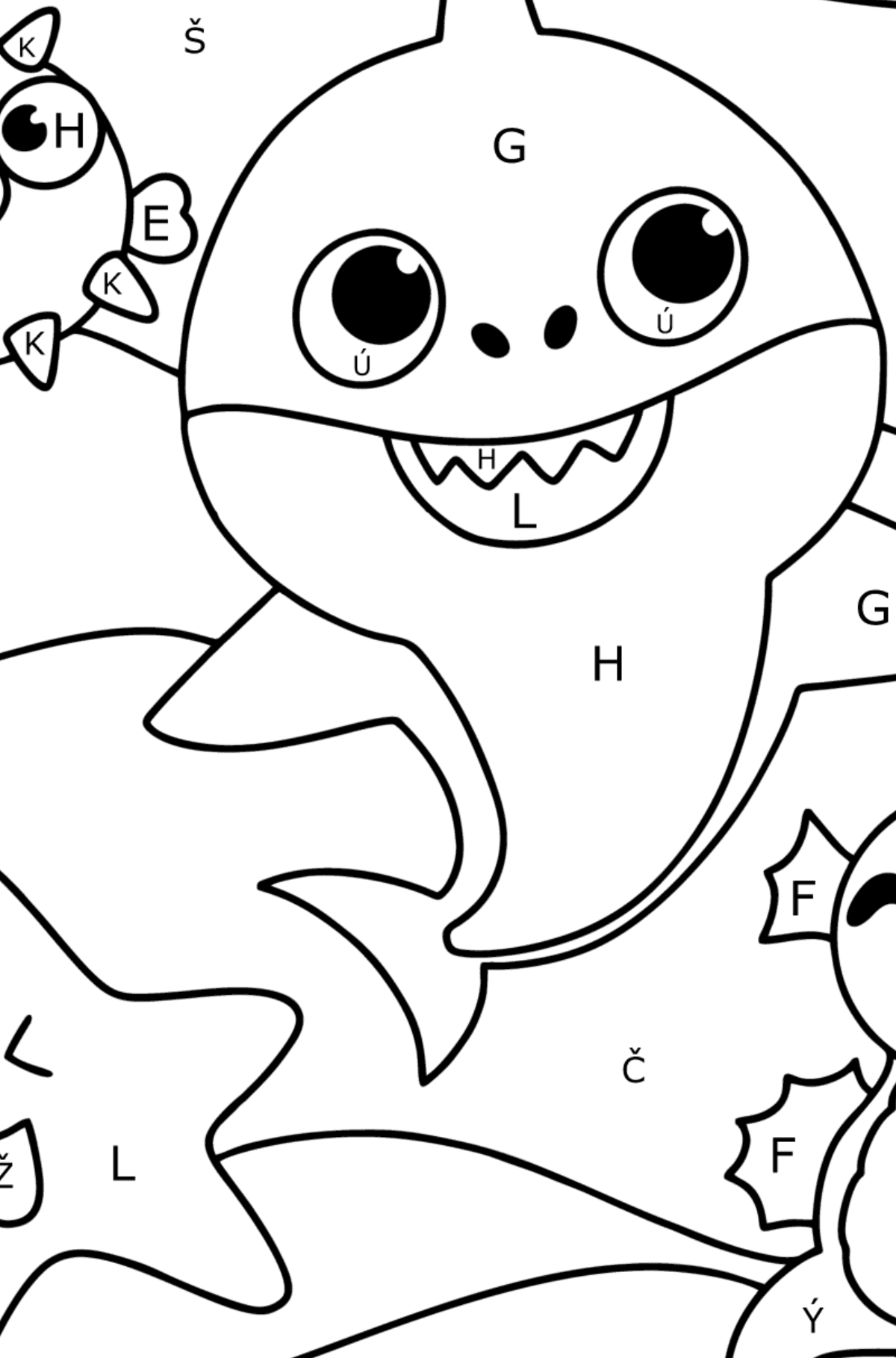 Přátelé Baby Shark omalovánka - Omalovánka podle Písmen pro děti