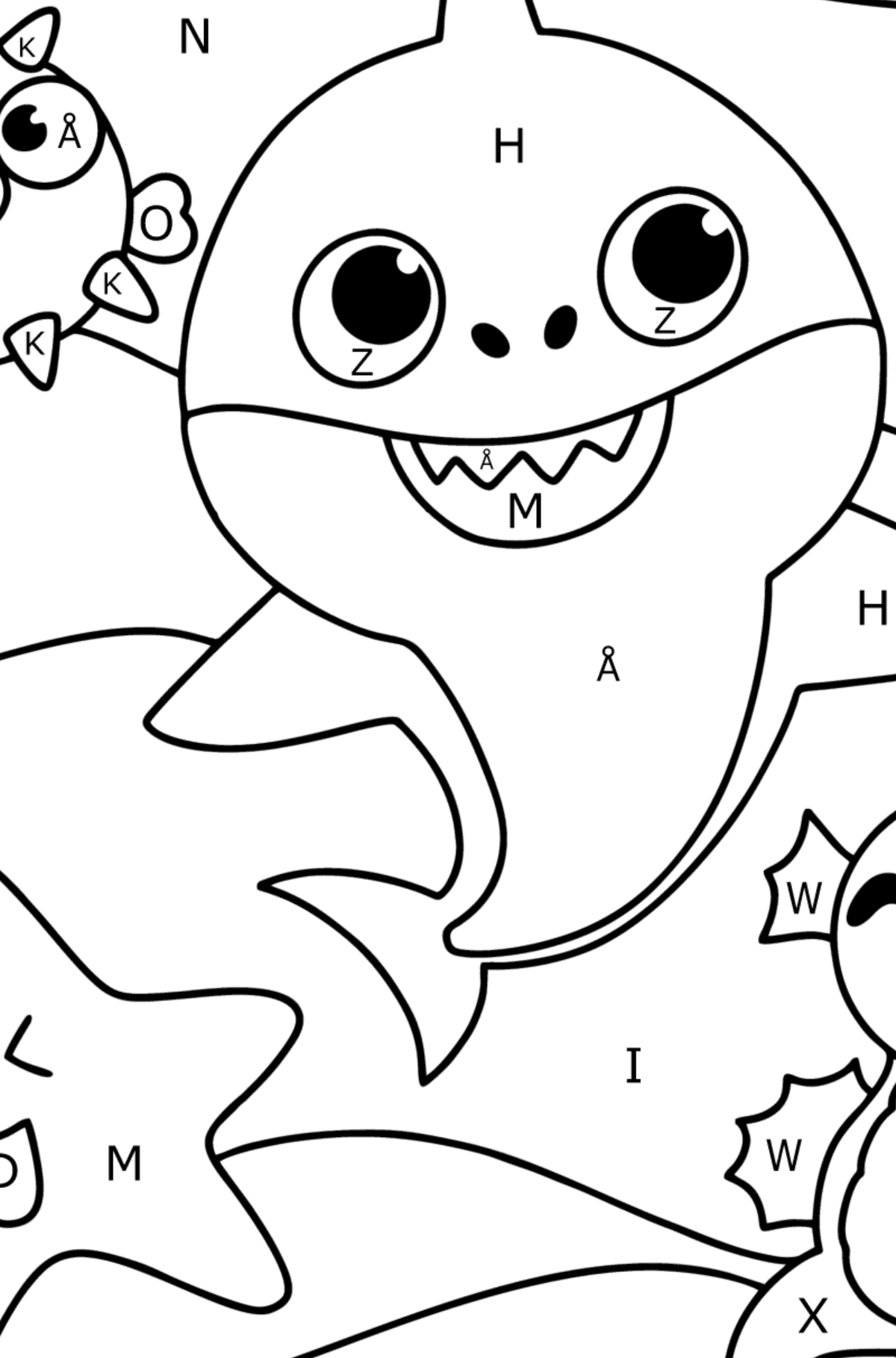 Ystävät Baby Shark värityskuva - Väritys Kirjaimien mukaan lapsille