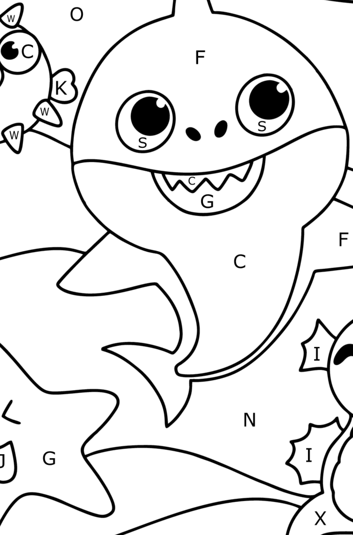 Coloriage Amis Baby shark - Coloriage par Lettres pour les Enfants