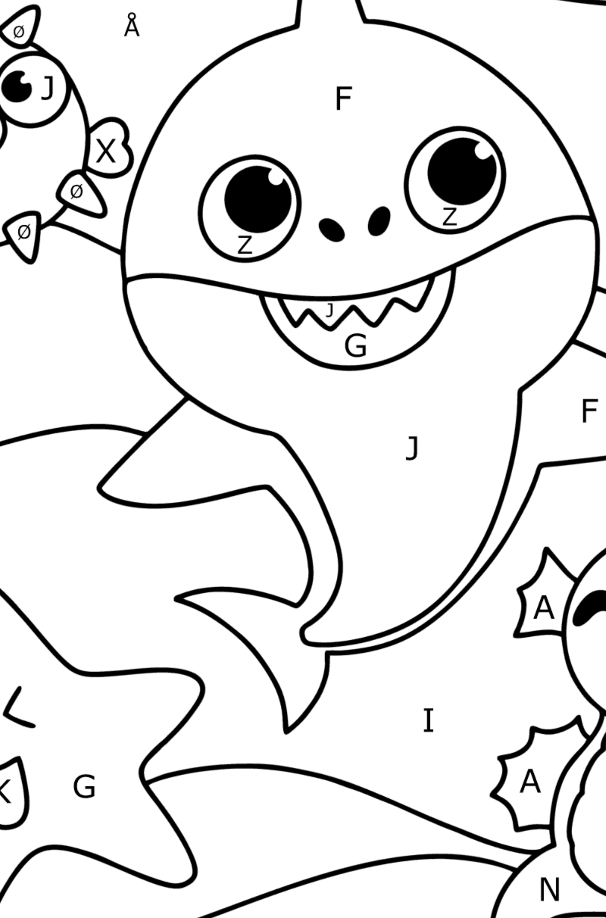 Venner Baby Shark tegning til fargelegging - Fargelegge etter bokstaver for barn