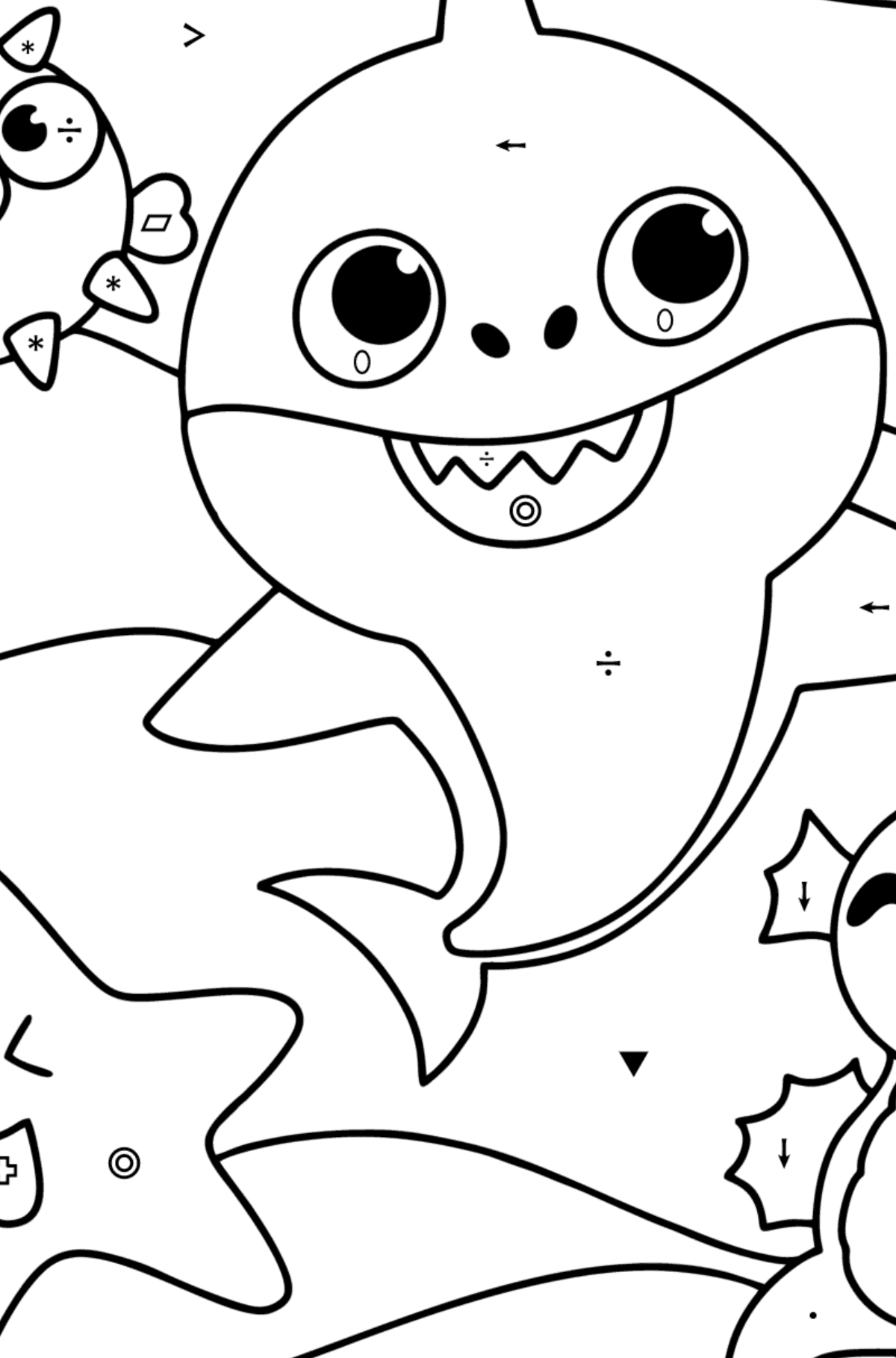 Venner Baby Shark tegning til fargelegging - Fargelegge etter symboler og geometriske former for barn