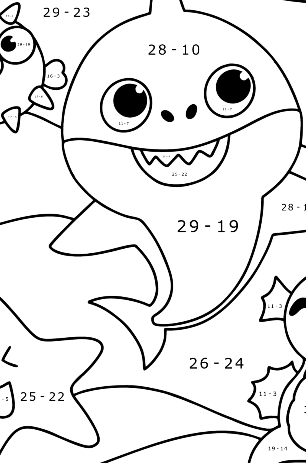 Přátelé Baby Shark omalovánka - Matematická Omalovánka - Odčítání pro děti