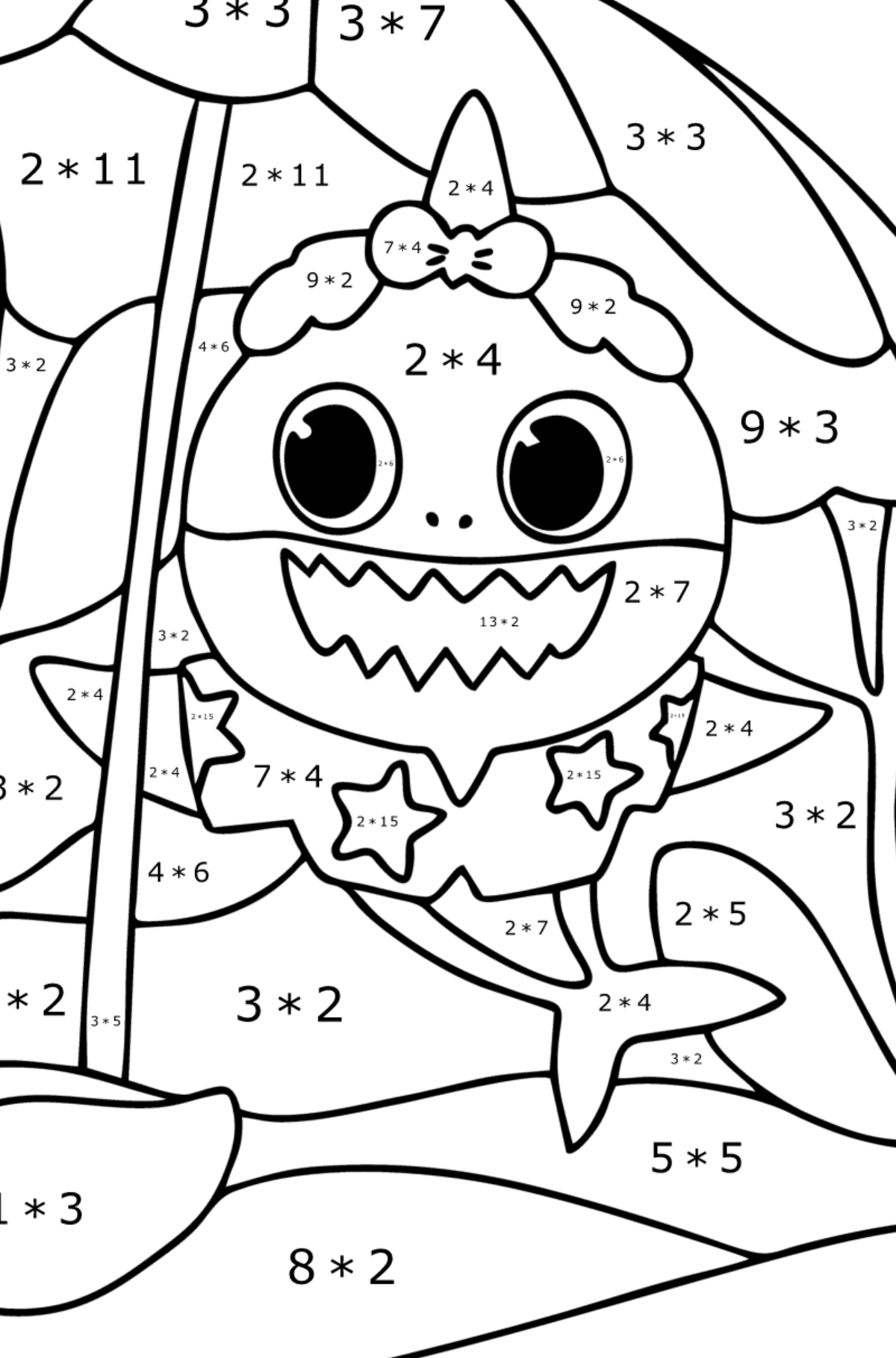 Søt mamma Baby Shark tegning til fargelegging - Matematisk fargeleggingsside - multiplisering for barn