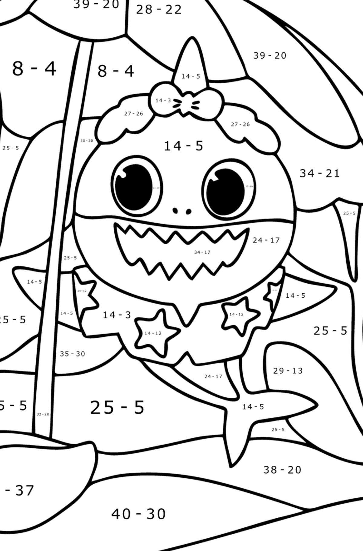 Sevimli anne Baby Shark boyama sayfası - Matematik Boyama - Çıkarma çocuklar için
