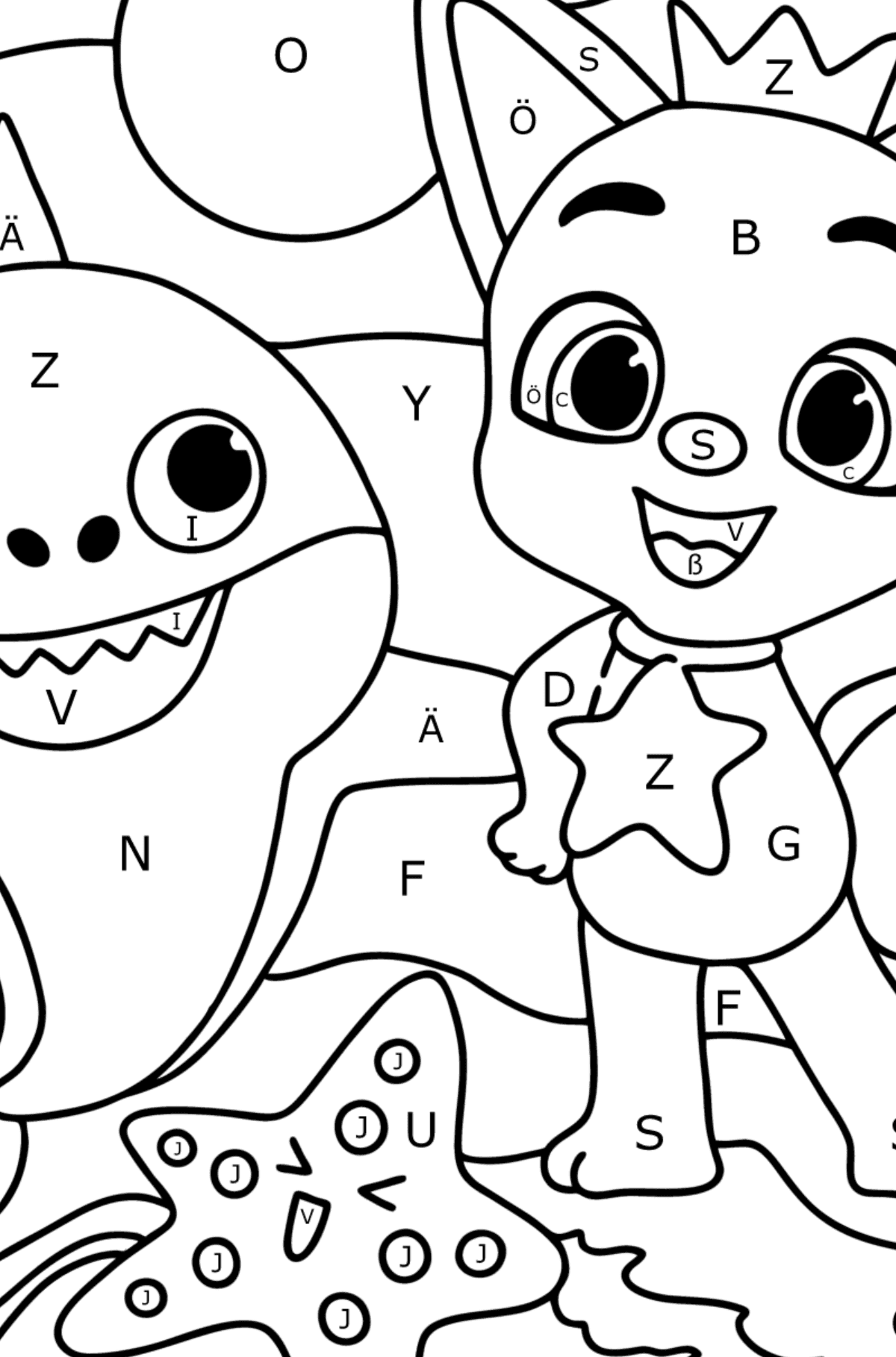 Ausmalbild Pinkfong Baby shark - Ausmalen nach Buchstaben für Kinder