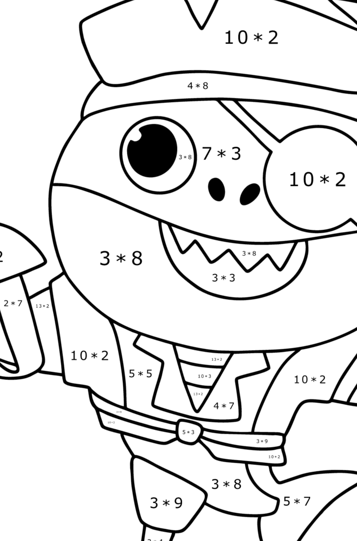 Ausmalbild Pirat Baby shark - Mathe Ausmalbilder - Multiplikation für Kinder