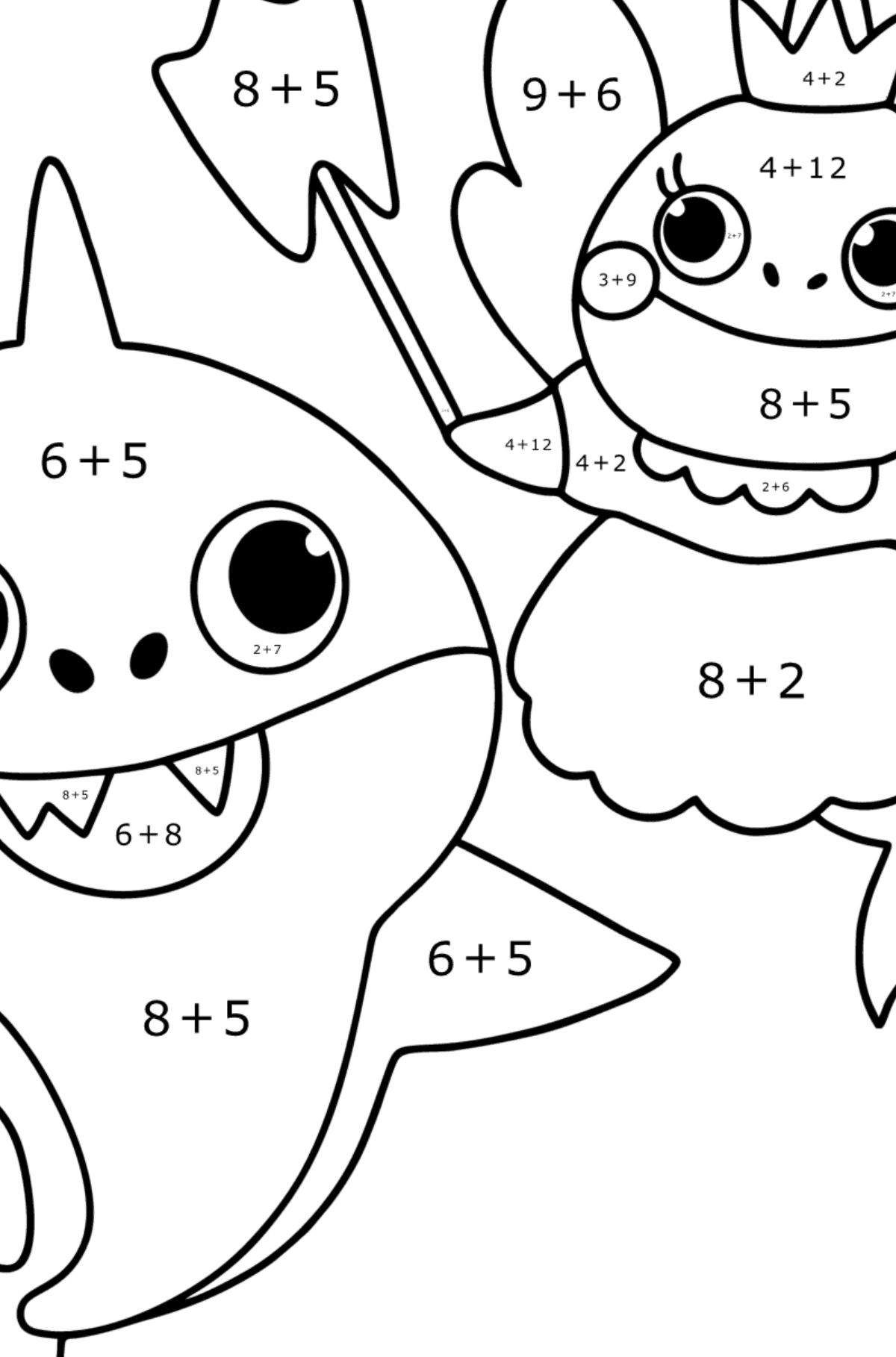 Hammaskeiju ja Baby Shark värityskuva - Matemaattinen Väritys - Yhteenlasku lapsille