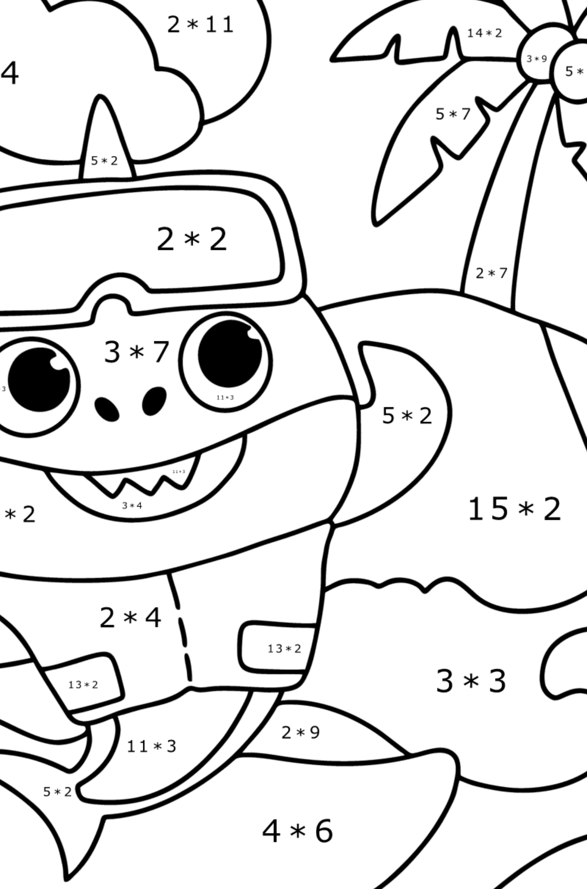 Kolorowanka Żółty Baby shark - Kolorowanki matematyczne mnożenie dla dzieci