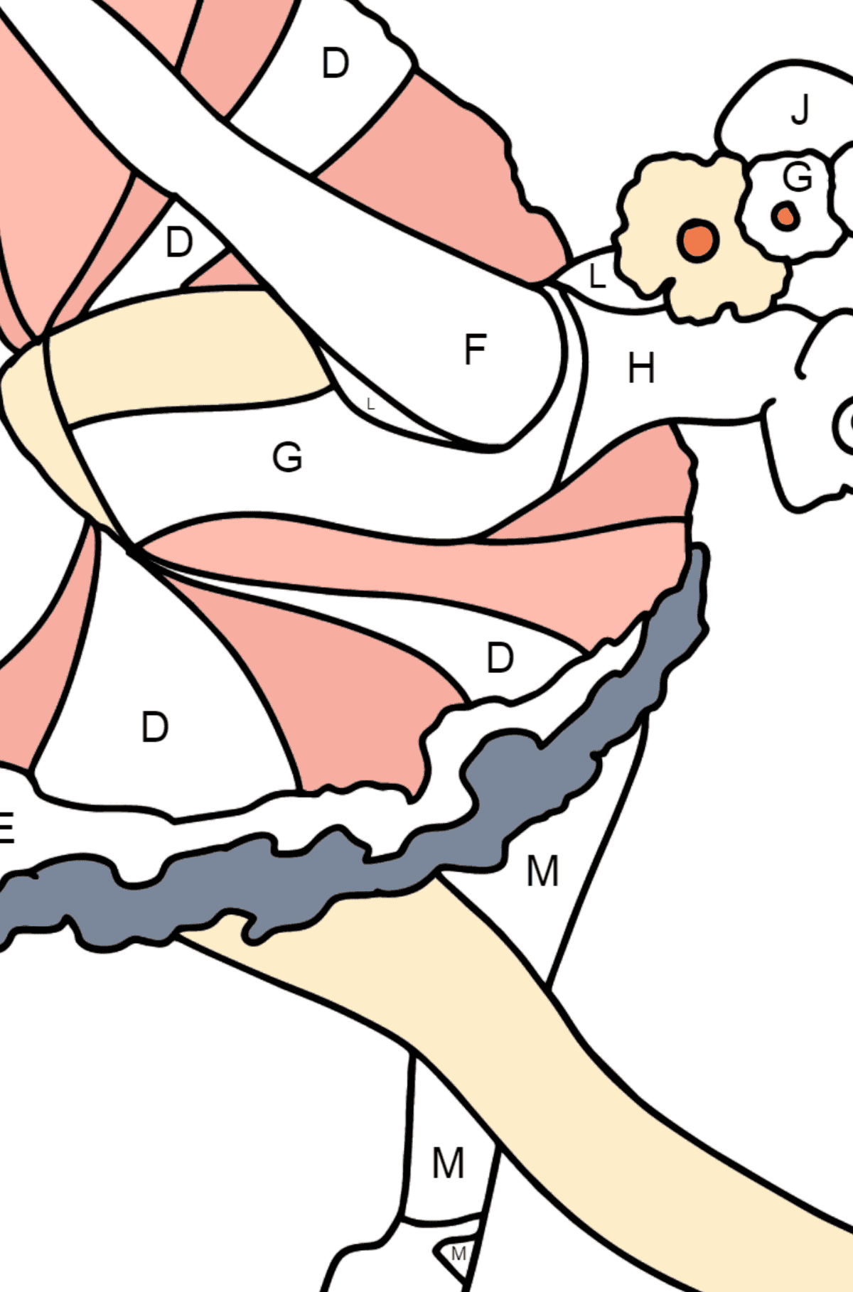 Ausmalbild - Ballerina macht Bogen - Ausmalen nach Buchstaben für Kinder