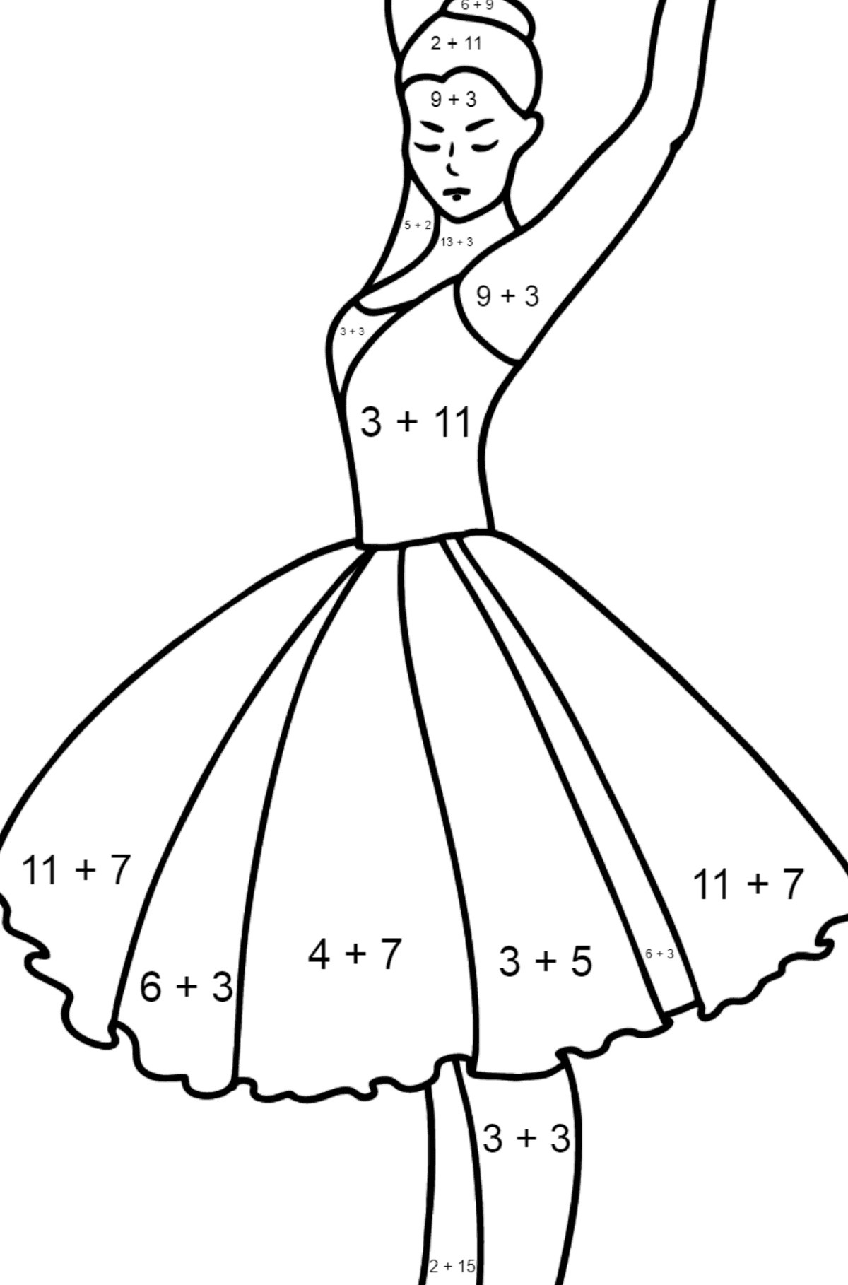 Disegno di Ballerina che balla da colorare - Colorazione matematica - Addizione per bambini