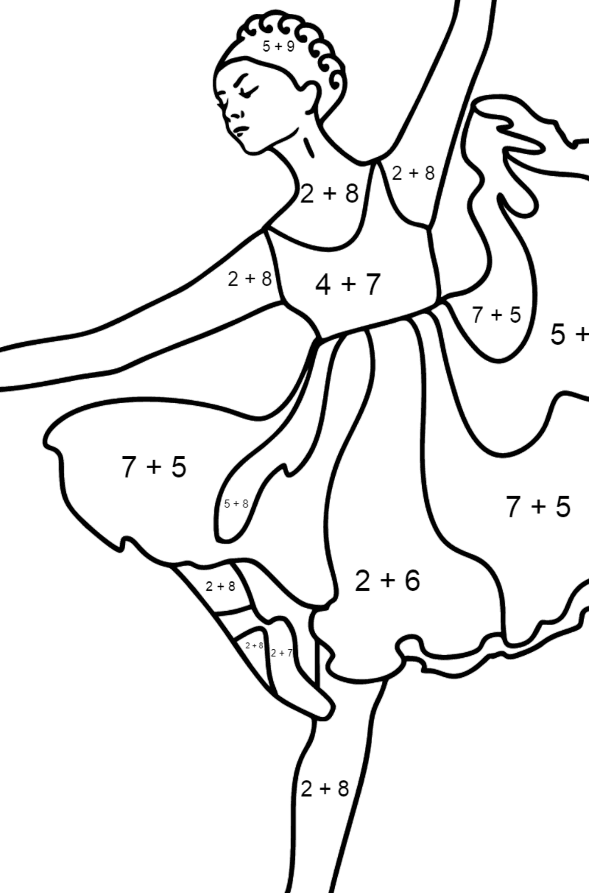 Ballerina i lilla kjole tegning til fargelegging - Matematisk fargeleggingsside - addisjon for barn