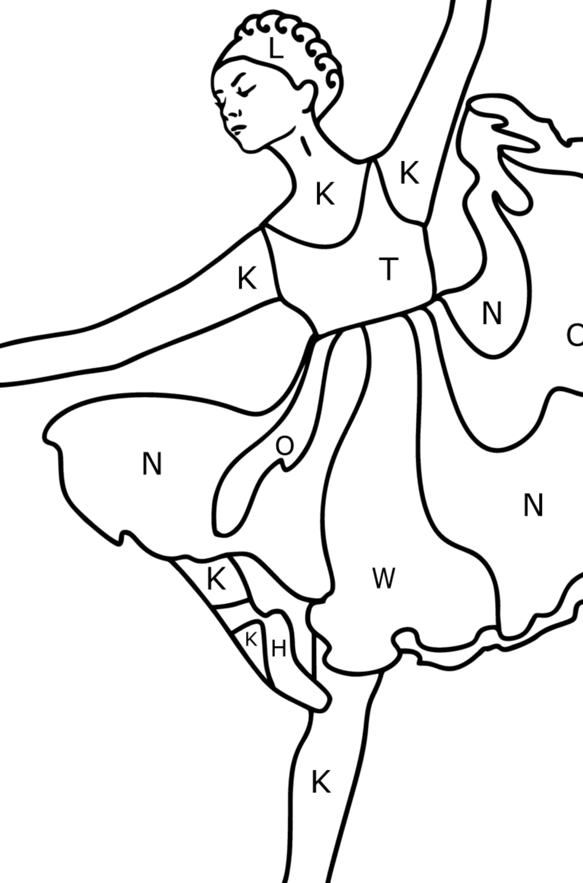 Balerina în rochie liliac desen de colorat - Desen de colorat după Literă pentru copii