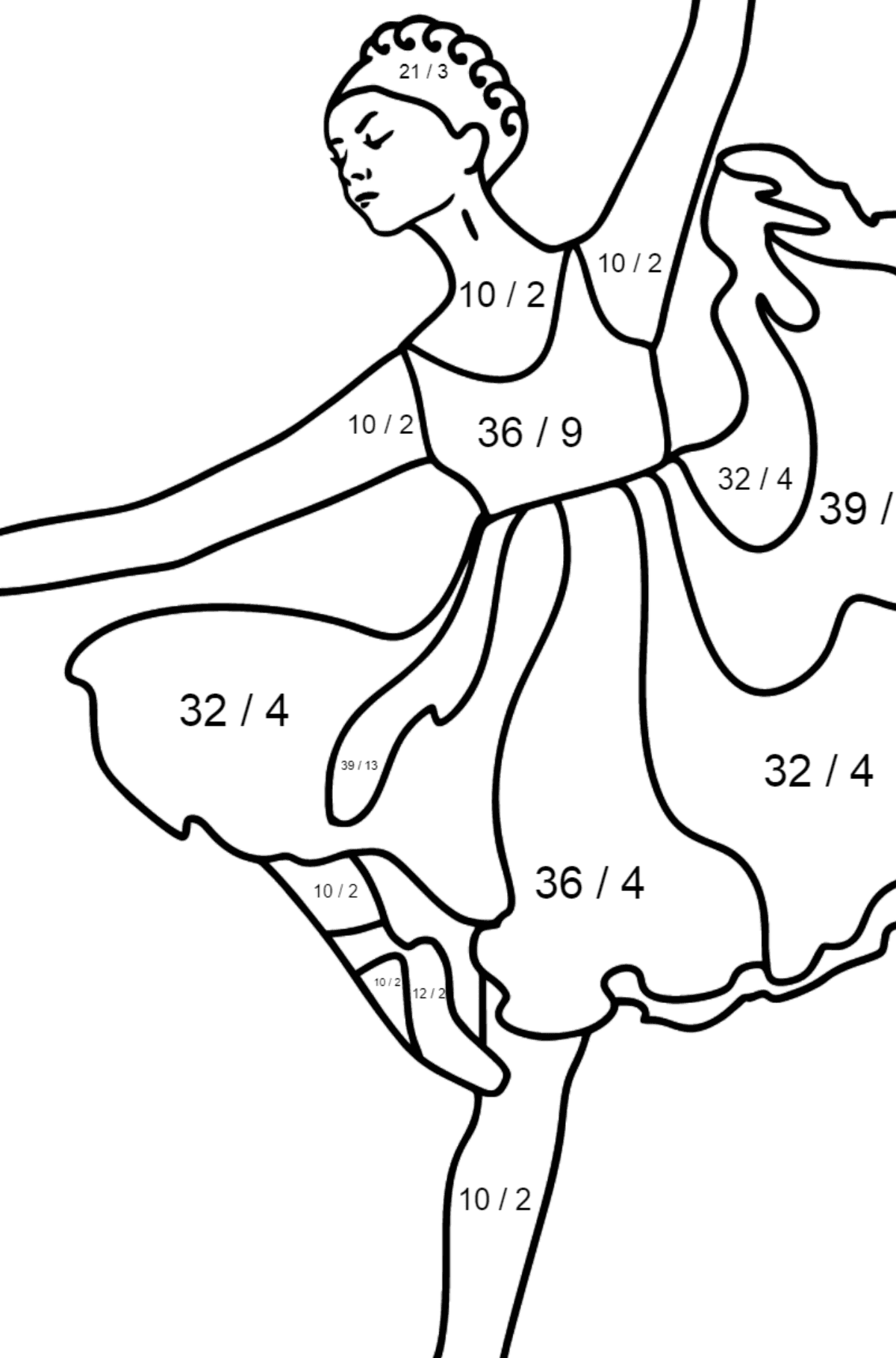 Dibujo para colorear - Bailarina con vestido lila - Colorear con Matemáticas - Divisiones para Niños