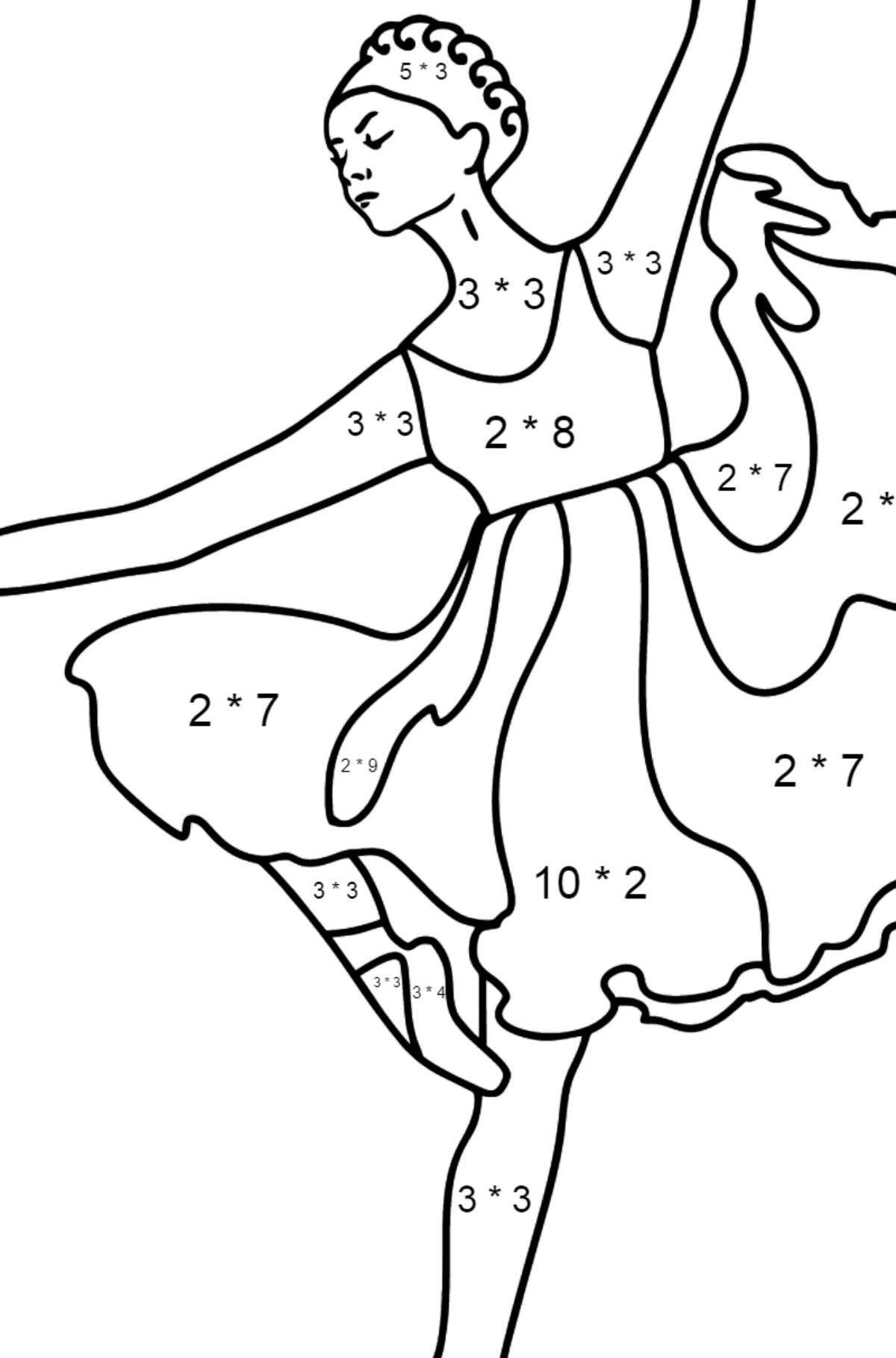 Ballerina i lilla kjole tegning til fargelegging - Matematisk fargeleggingsside - multiplisering for barn