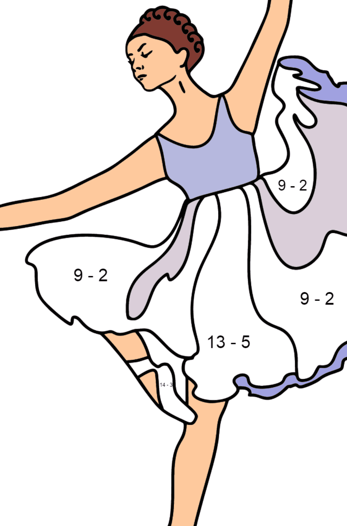 Ausmalbildn - Ballerina in einem lila Kleid - Mathe Ausmalbilder - Subtraktion für Kinder