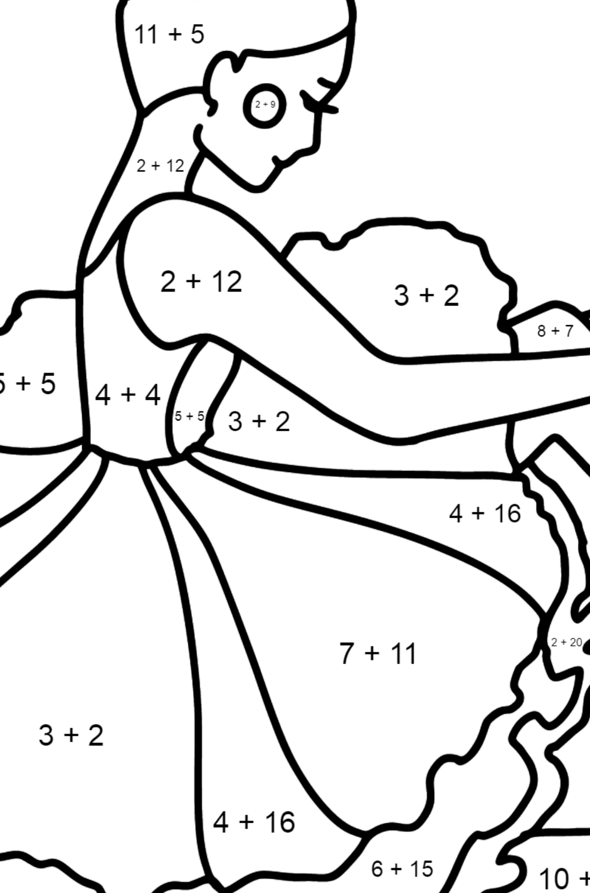 Розмальовка Балерина в пишній сукні - Математична Розмальовка Додавання для дітей
