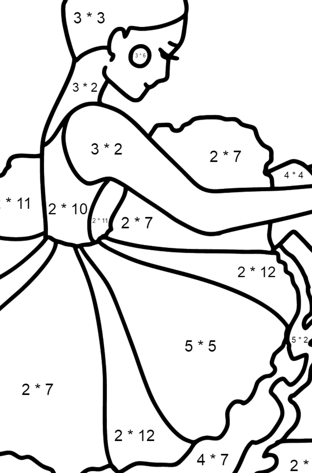 Розмальовка Балерина в пишній сукні - Математична Розмальовка Множення для дітей