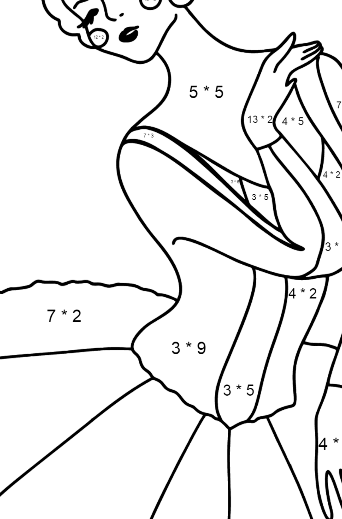 Розмальовка Балерина в спідниці пачці - Математична Розмальовка Множення для дітей