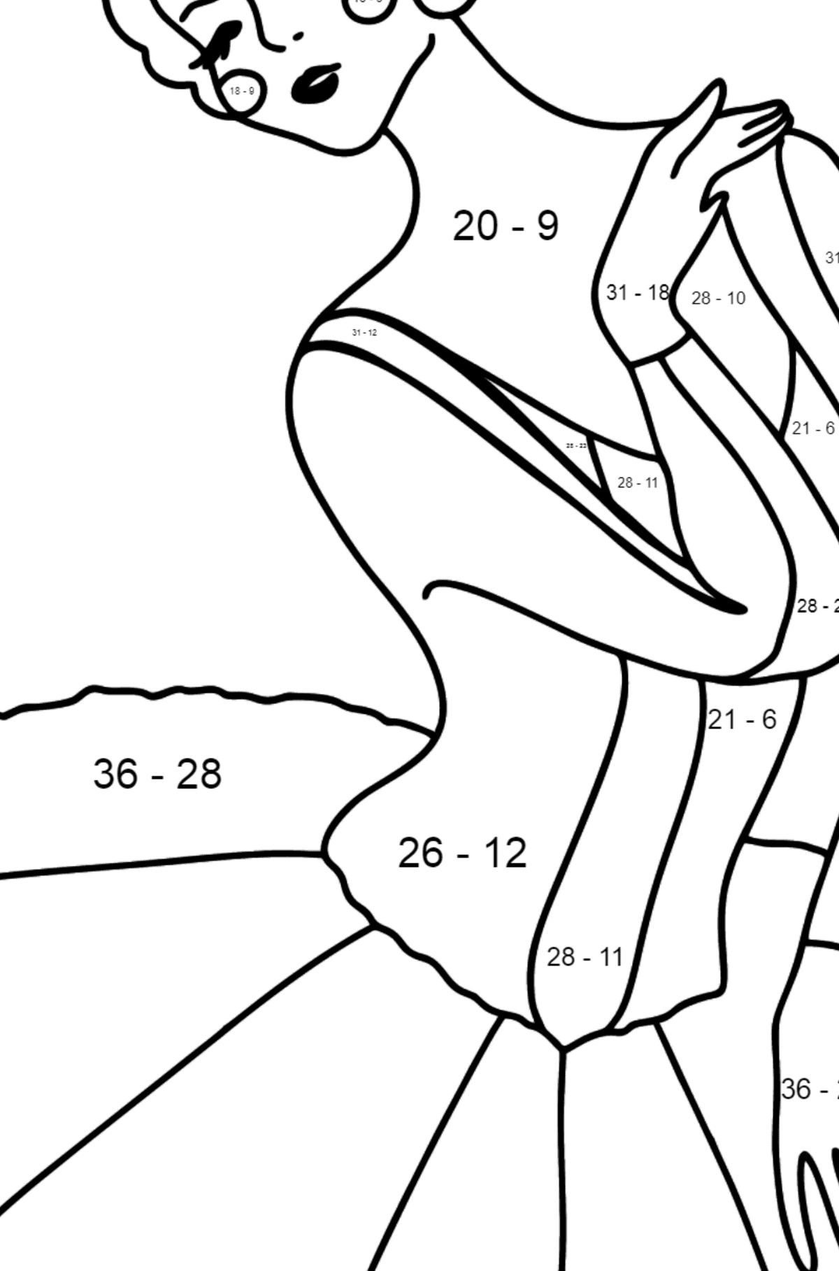 Ballerina in Tutu Skirt coloring page - Math Coloring - Subtraction for Kids