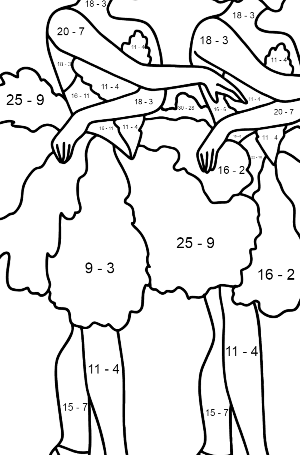Beautiful Ballerinas coloring page - Math Coloring - Subtraction for Kids