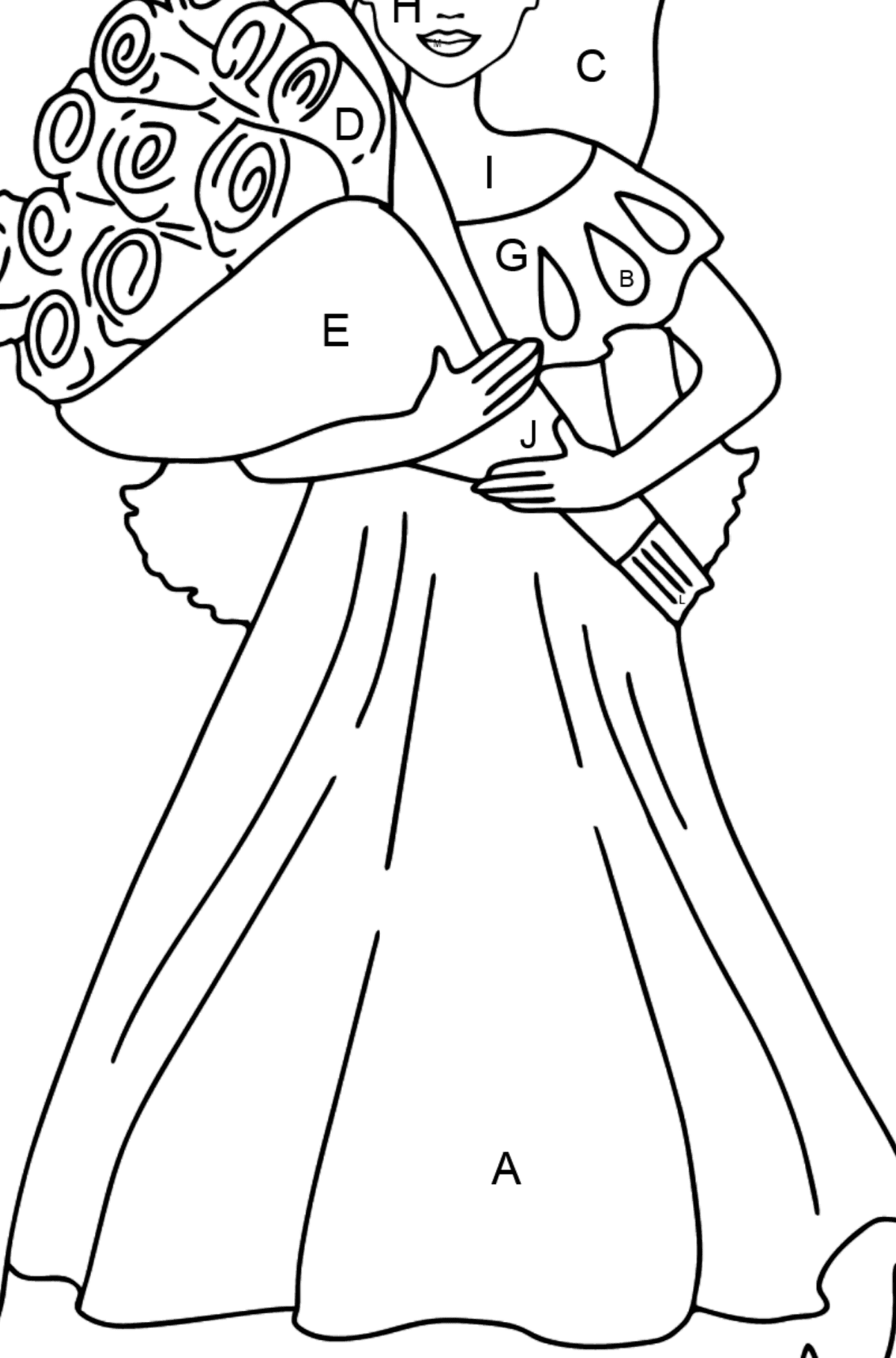 Barbie Doll and a Bouquet of Roses coloring page - Coloring by Letters for Kids