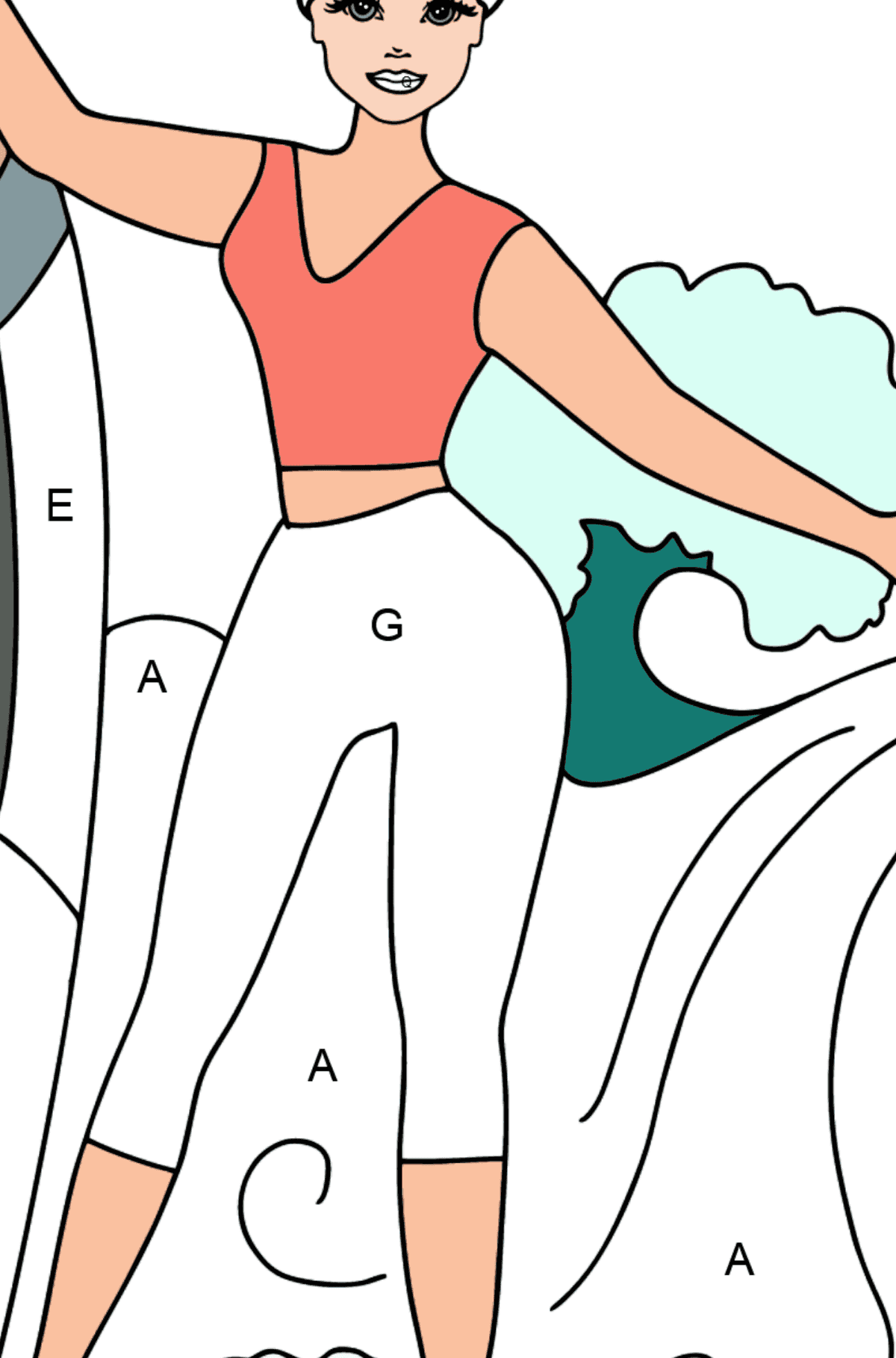 Barbie Surfer Doll Ausmalbild - Ausmalen nach Buchstaben für Kinder