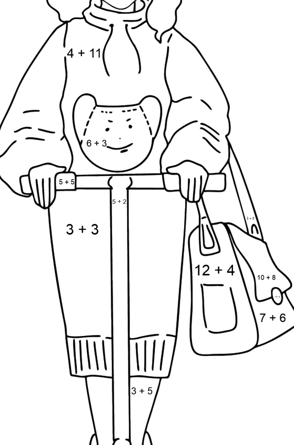 Barbie Doll Riding a Scooter coloring page - Math Coloring - Addition for Kids