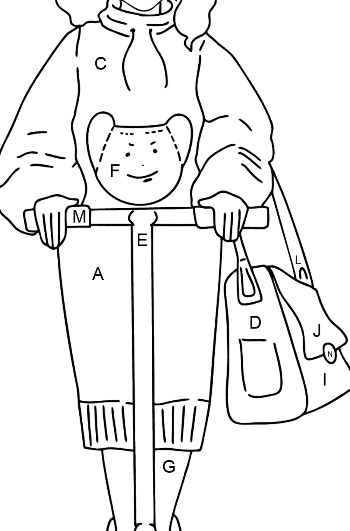Barbie Doll Riding a Scooter coloring page - Coloring by Letters for Kids