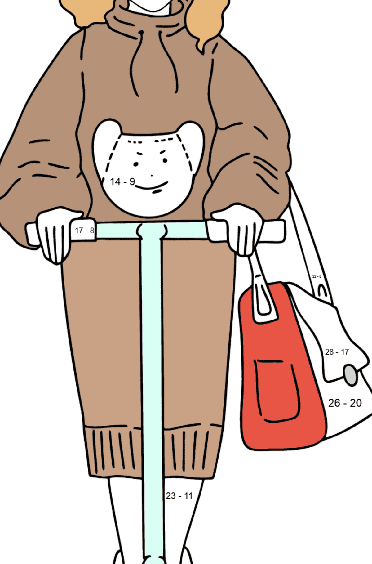 Coloriage - Poupée Barbie sur un scooter - Coloriage Magique Soustraction pour les Enfants