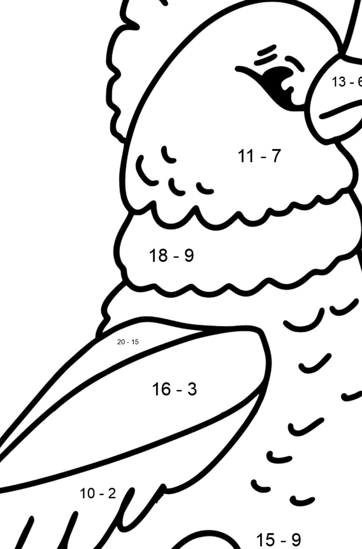Ausmalbild Kakadu - Mathe Ausmalbilder - Subtraktion für Kinder