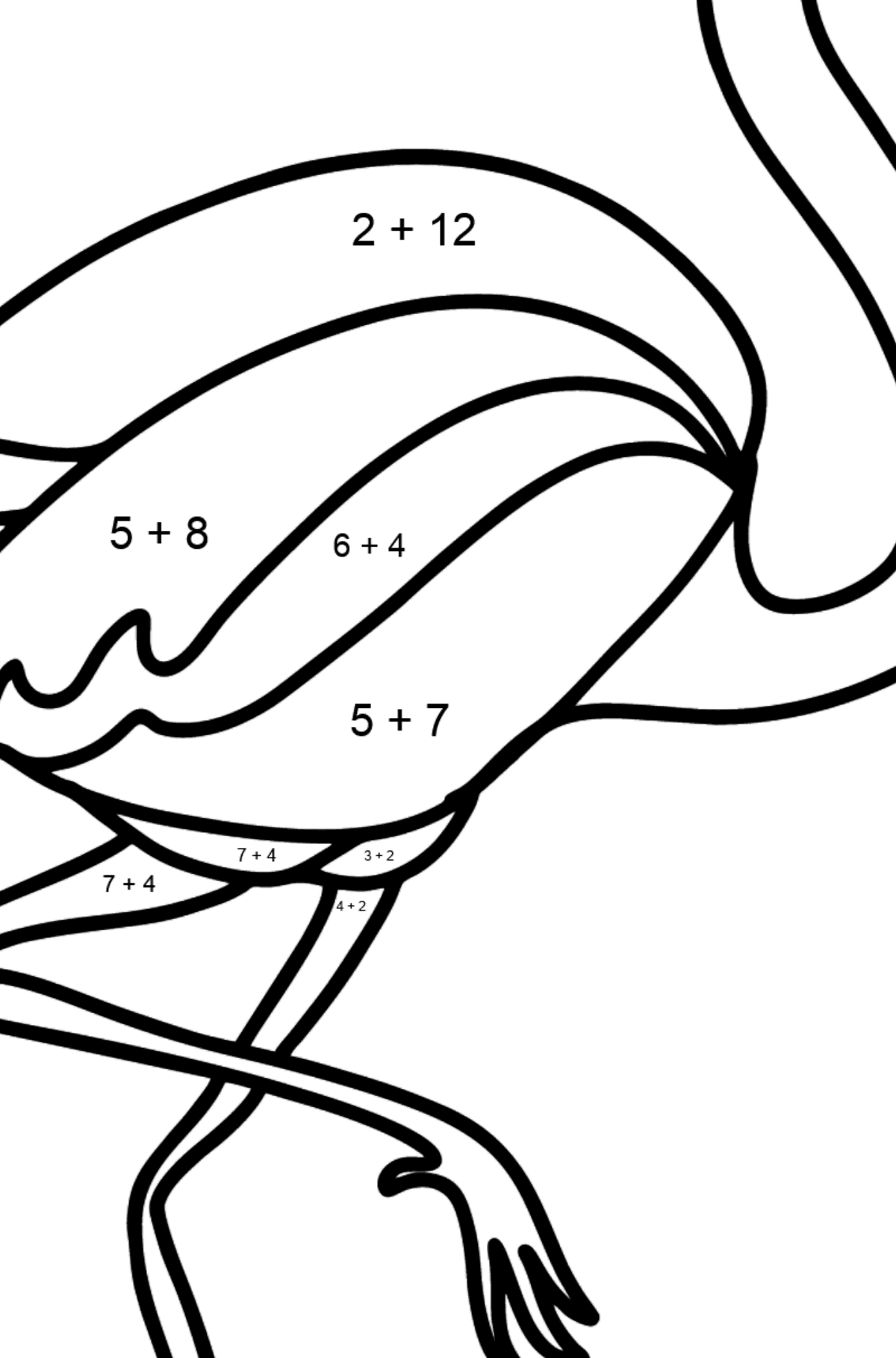 Ausmalbild Flamingo - Mathe Ausmalbilder - Addition für Kinder