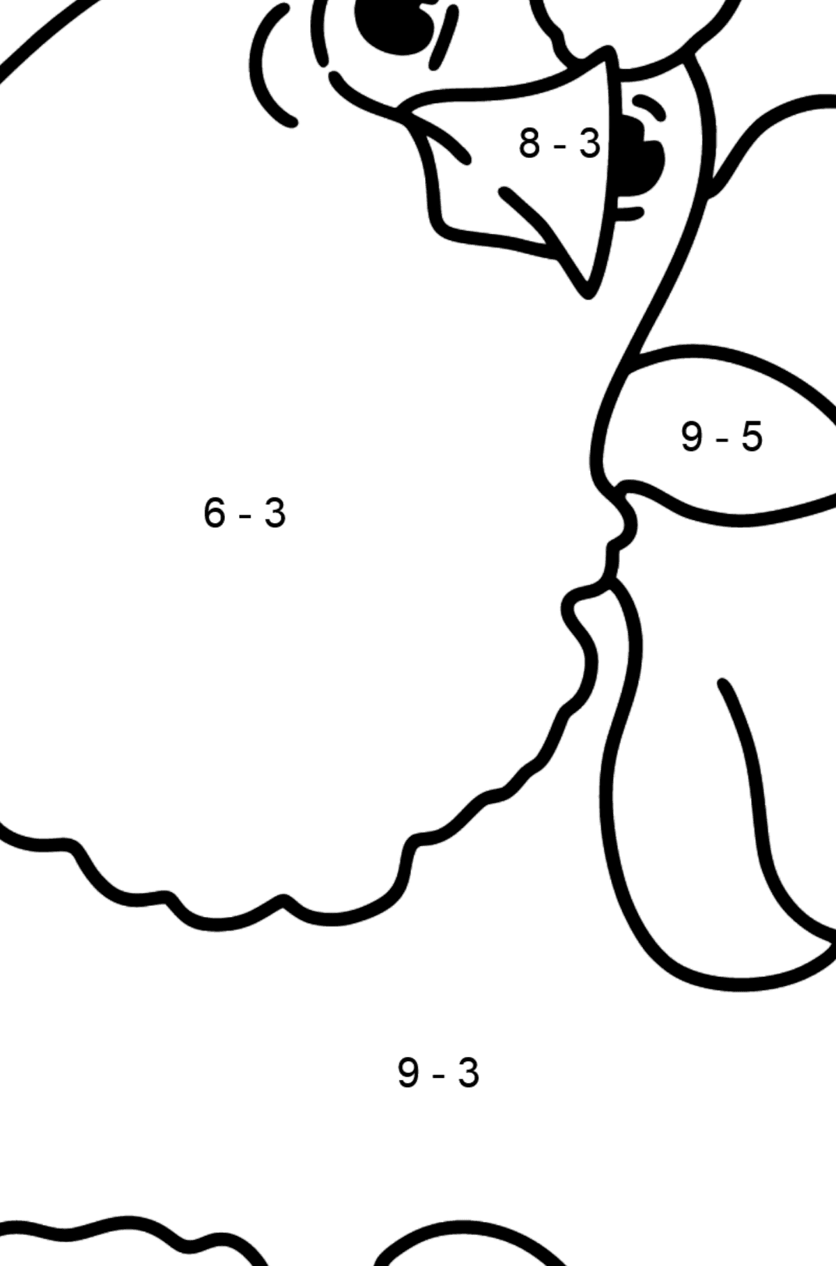 Einfache Malvorlage mit einem Huhn - Mathe Ausmalbilder - Subtraktion für Kinder