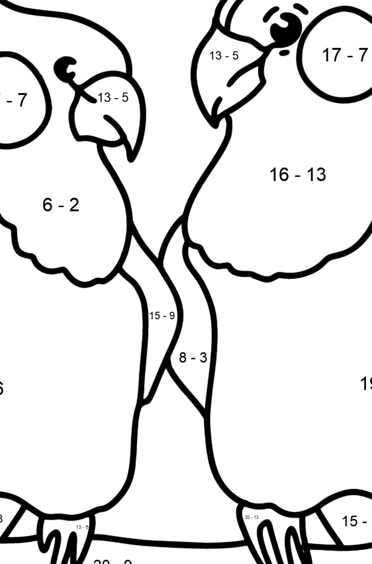 Lovebird Parrots coloring page - Math Coloring - Subtraction for Kids