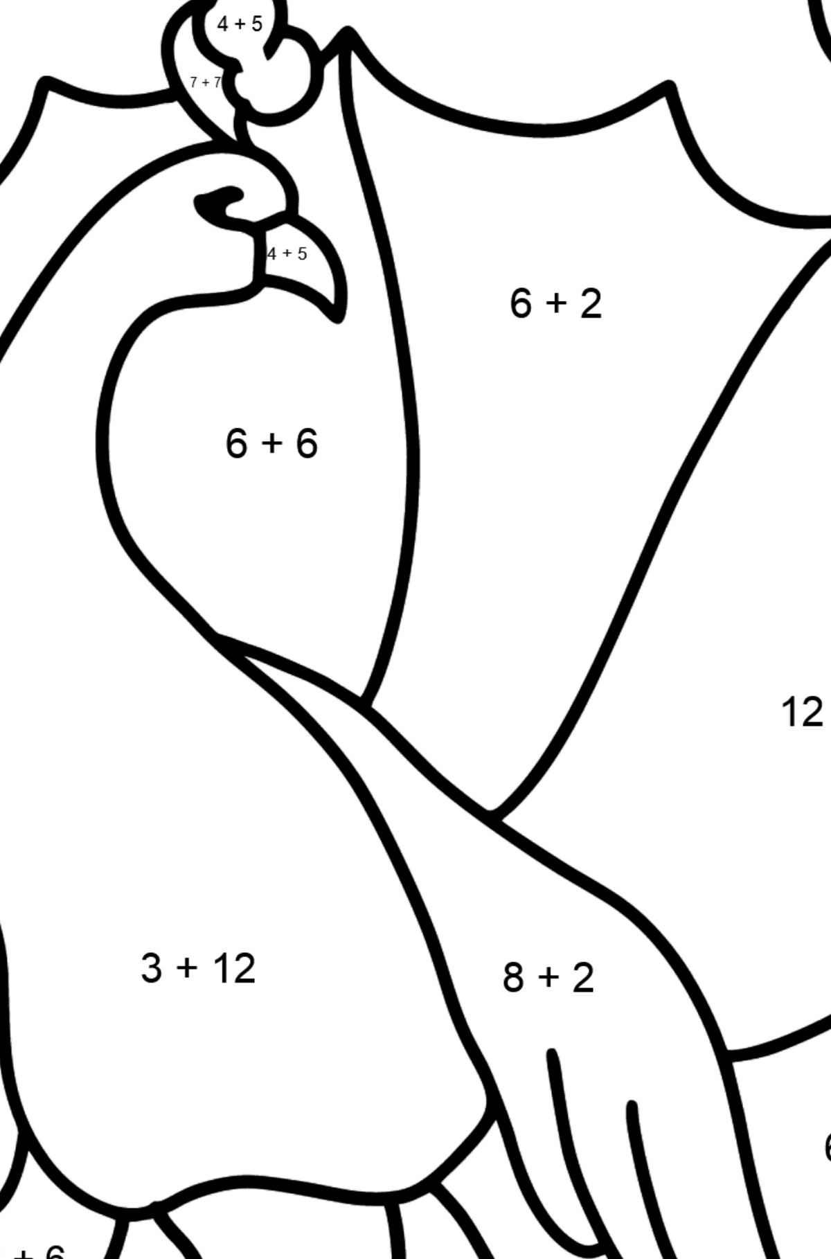 Malvorlage Vogel - Pfau - Mathe Ausmalbilder - Addition für Kinder