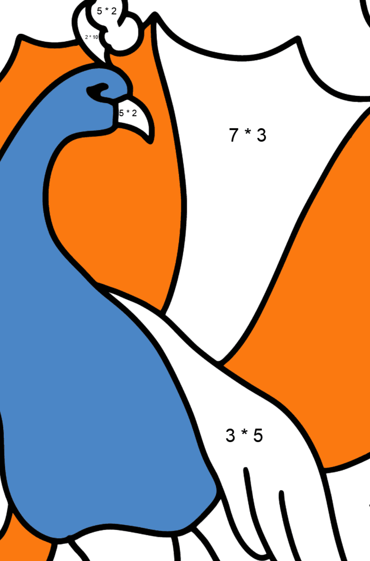 Dibujo de pavo real para colorear - Colorear con Matemáticas - Multiplicaciones para Niños
