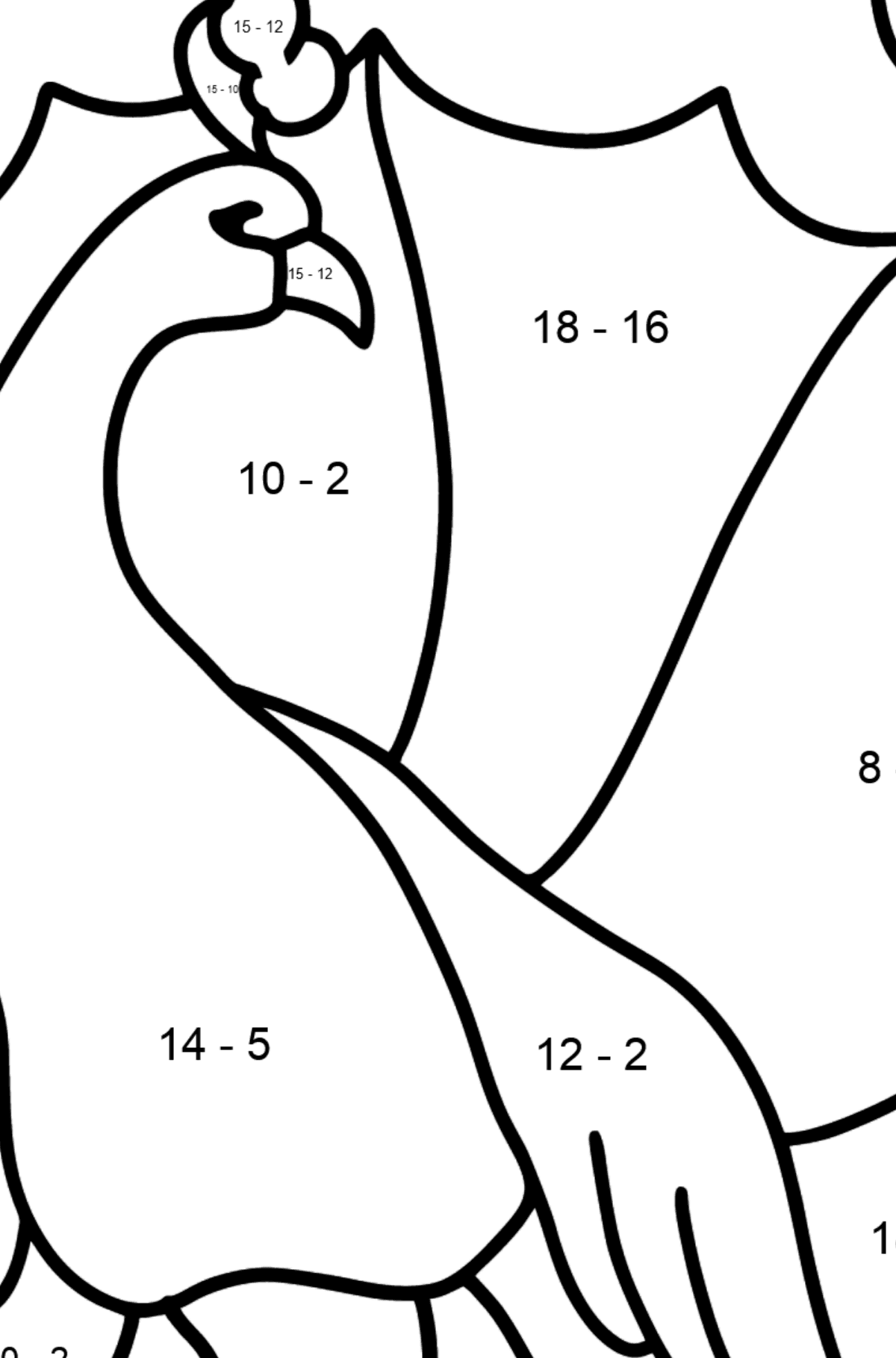 Malvorlage Vogel - Pfau - Mathe Ausmalbilder - Subtraktion für Kinder
