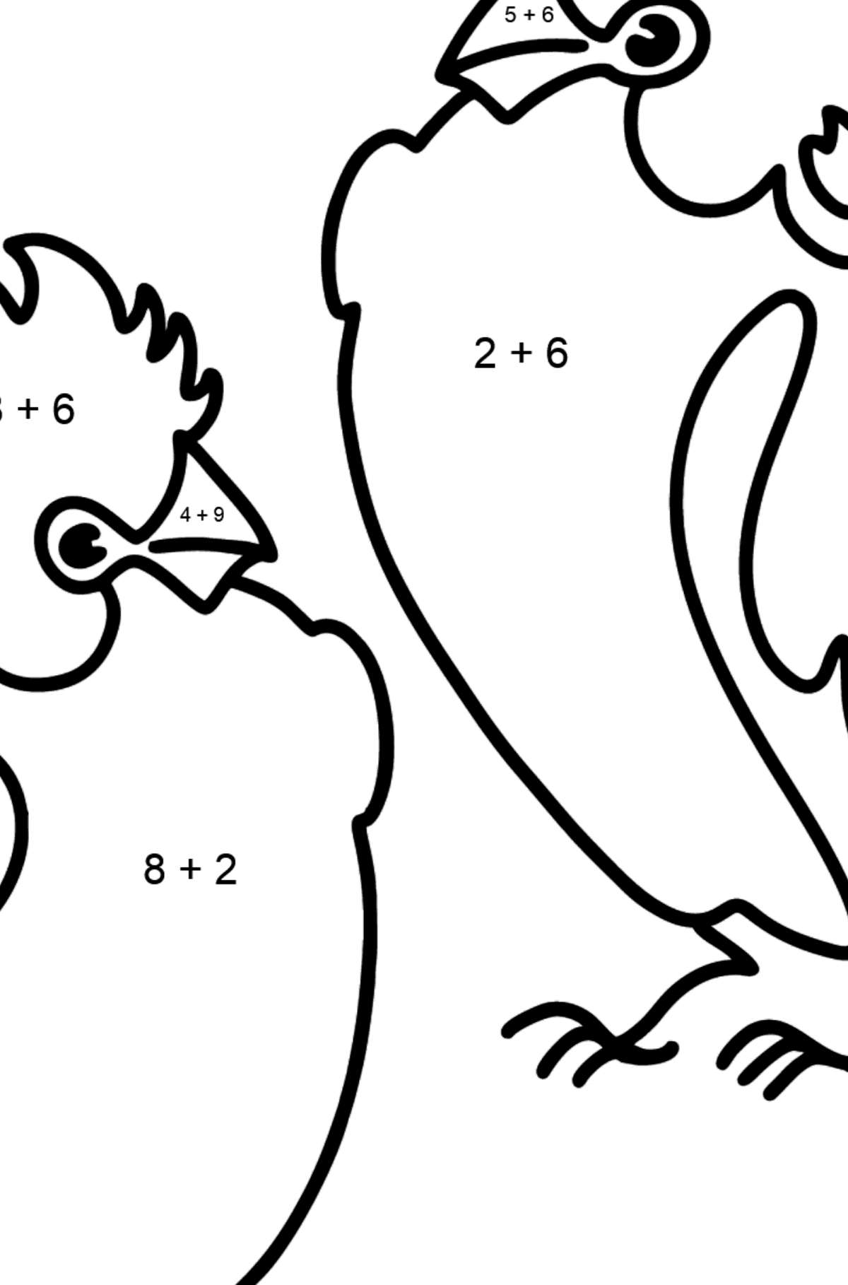 Ausmalbild 2 Papageien - Mathe Ausmalbilder - Addition für Kinder