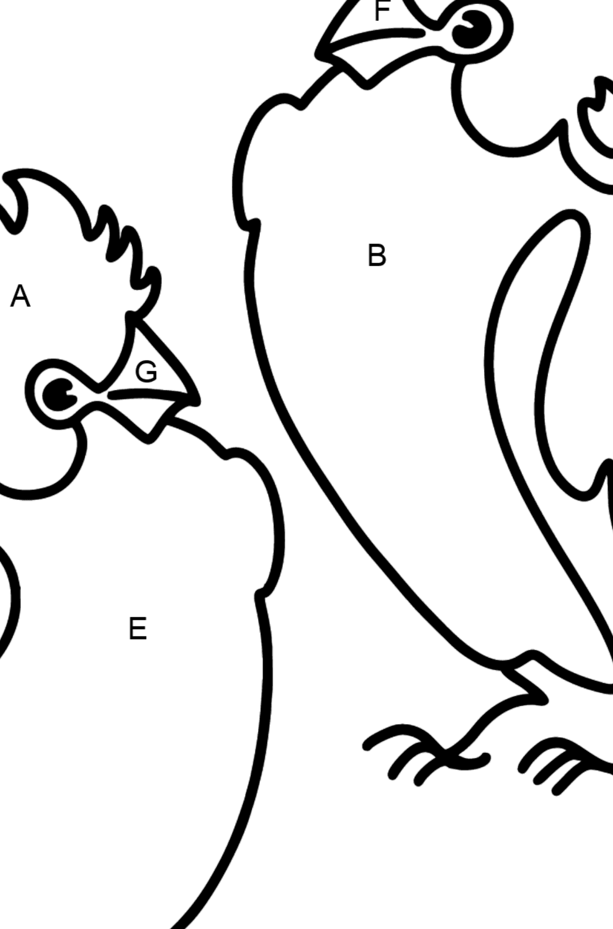 Ausmalbild 2 Papageien - Ausmalen nach Buchstaben für Kinder