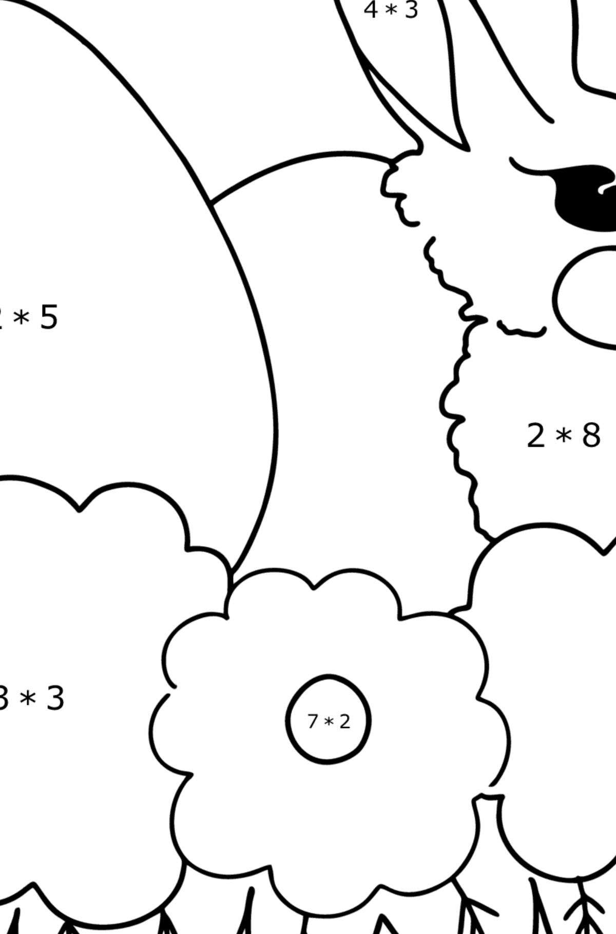 Dibujo de Conejito y Pascua para colorear - Colorear con Matemáticas - Multiplicaciones para Niños