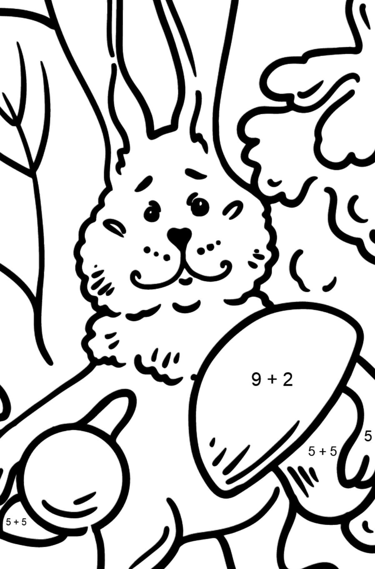 Disegno di Coniglietto nella foresta da colorare - Colorazione matematica - Addizione per bambini