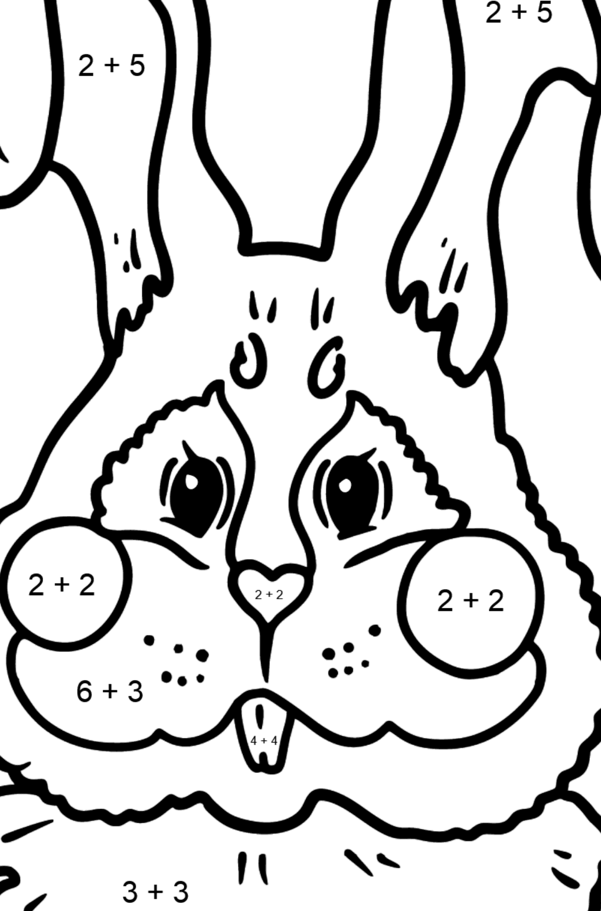 Tegning til fargelegging kanin snute - Matematisk fargeleggingsside - addisjon for barn