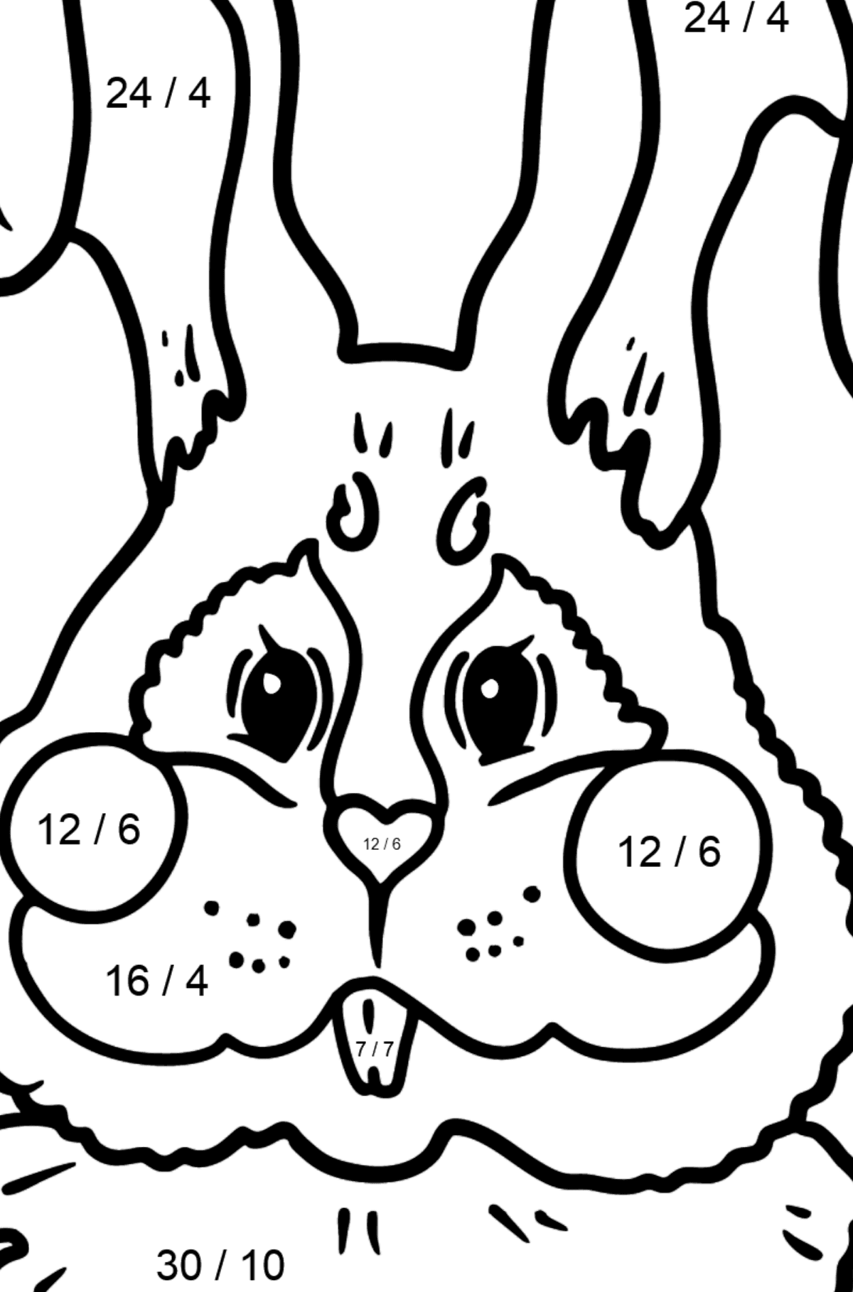 Tegning til fargelegging kanin snute - Matematisk fargeleggingsside - divisjon for barn